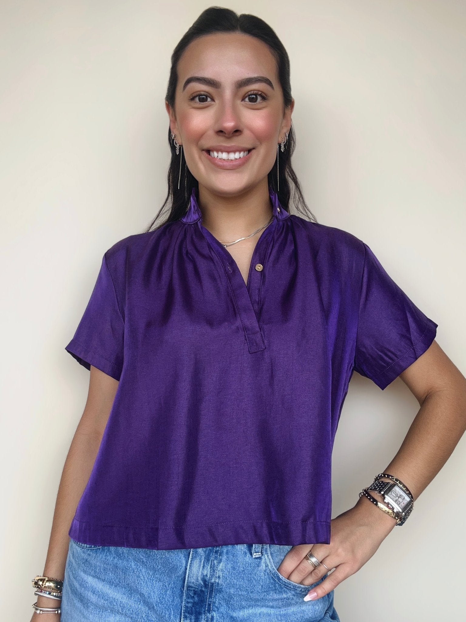 Bonnie Stand Collar Short Sleeve Top - Elle Maxine