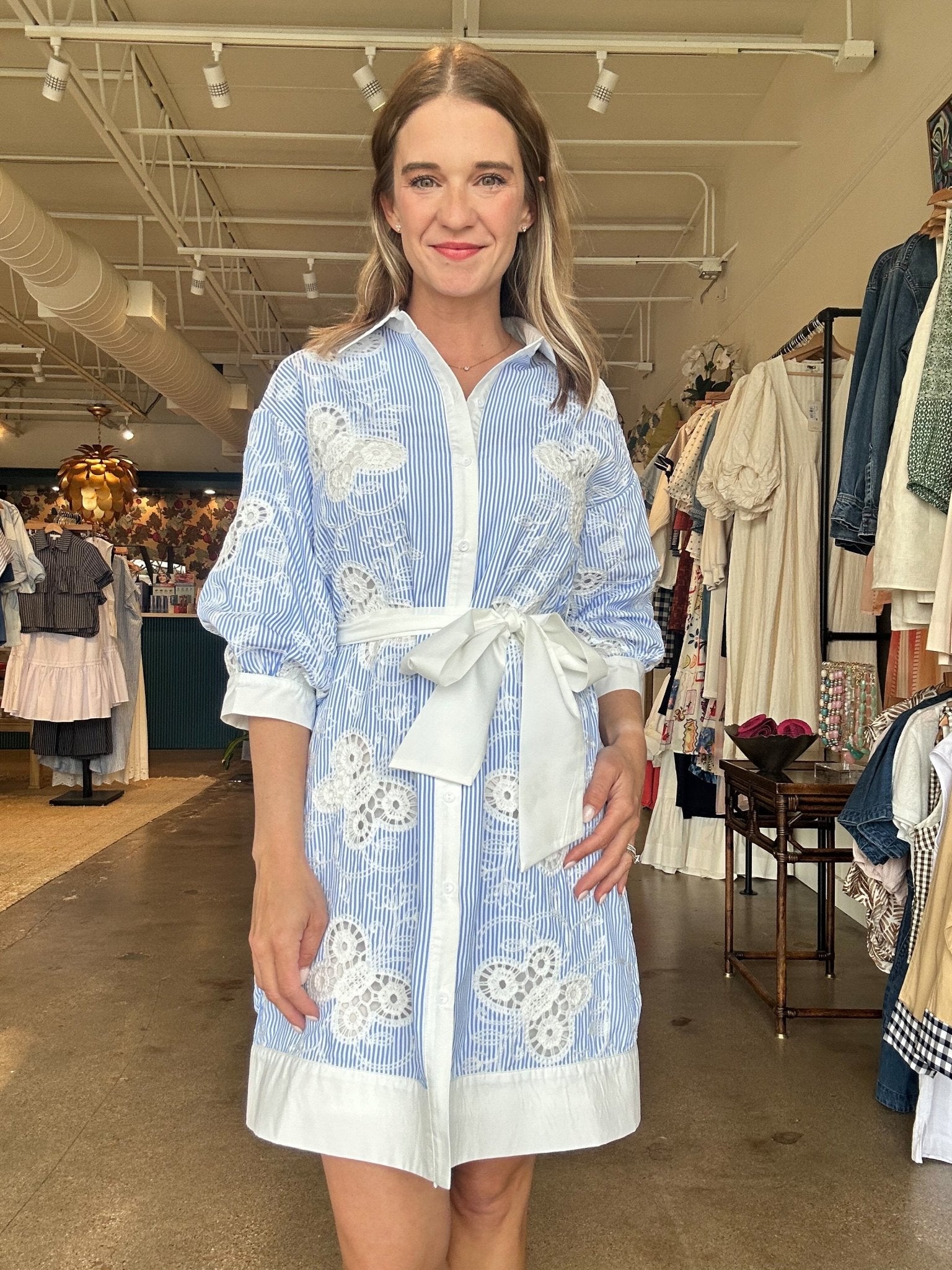 Butterfly Eyelet Belted Dress - Elle Maxine