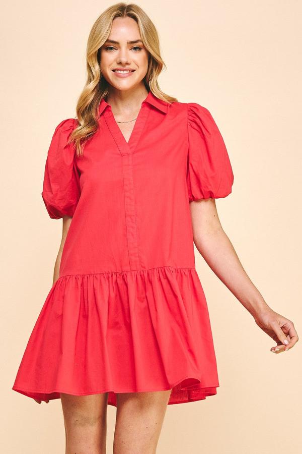 Elise Puff Sleeve Dress- Red