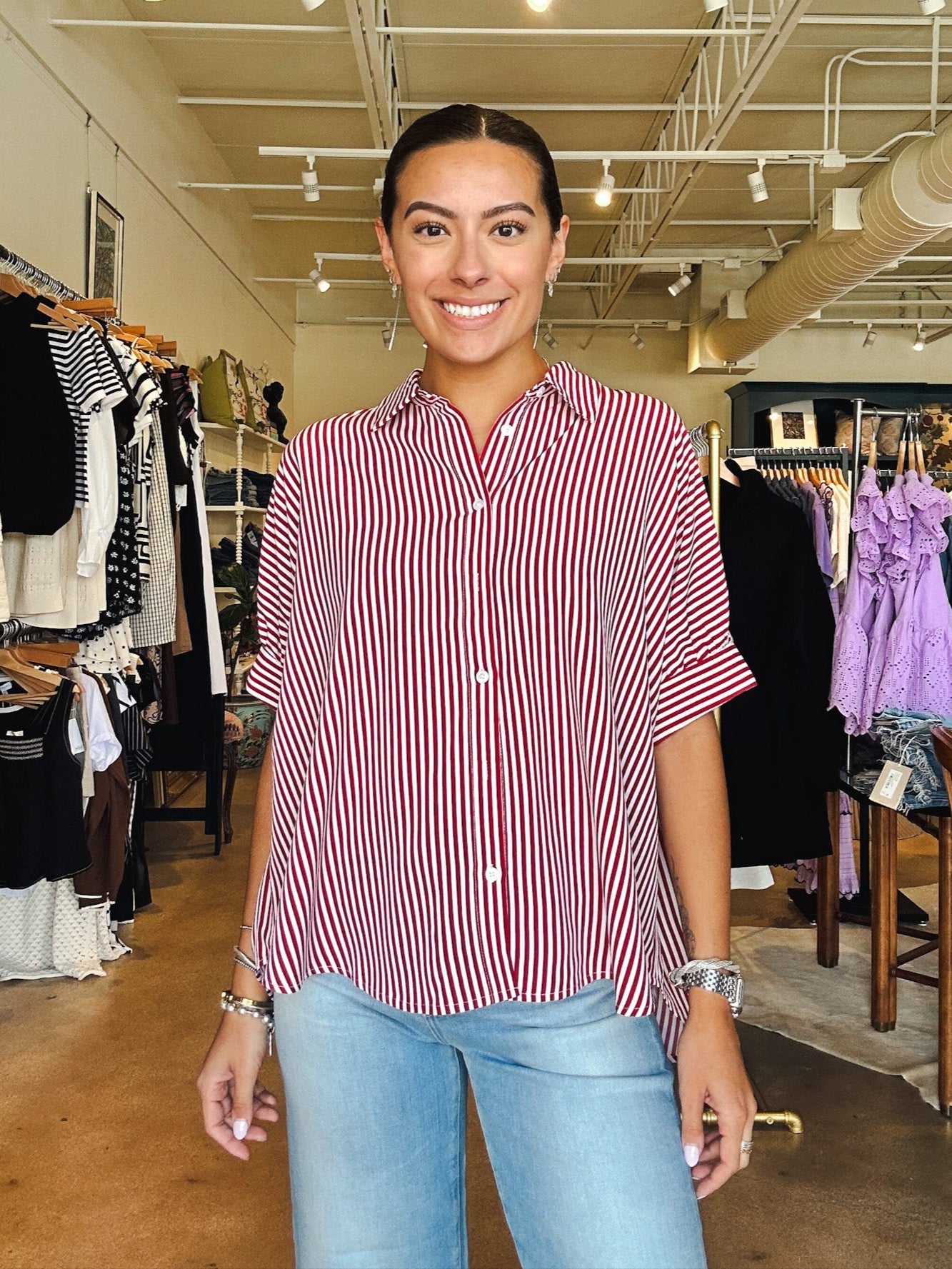 Callie Collared Stripe Blouse - Red - Elle Maxine