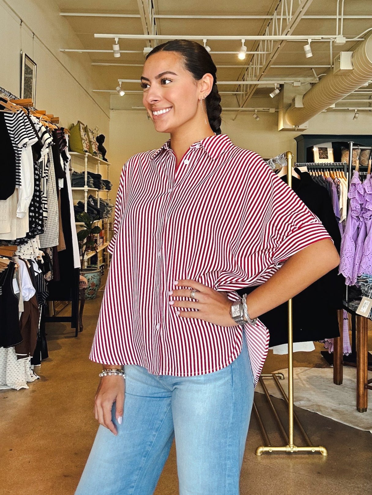 Callie Collared Stripe Blouse - Red - Elle Maxine