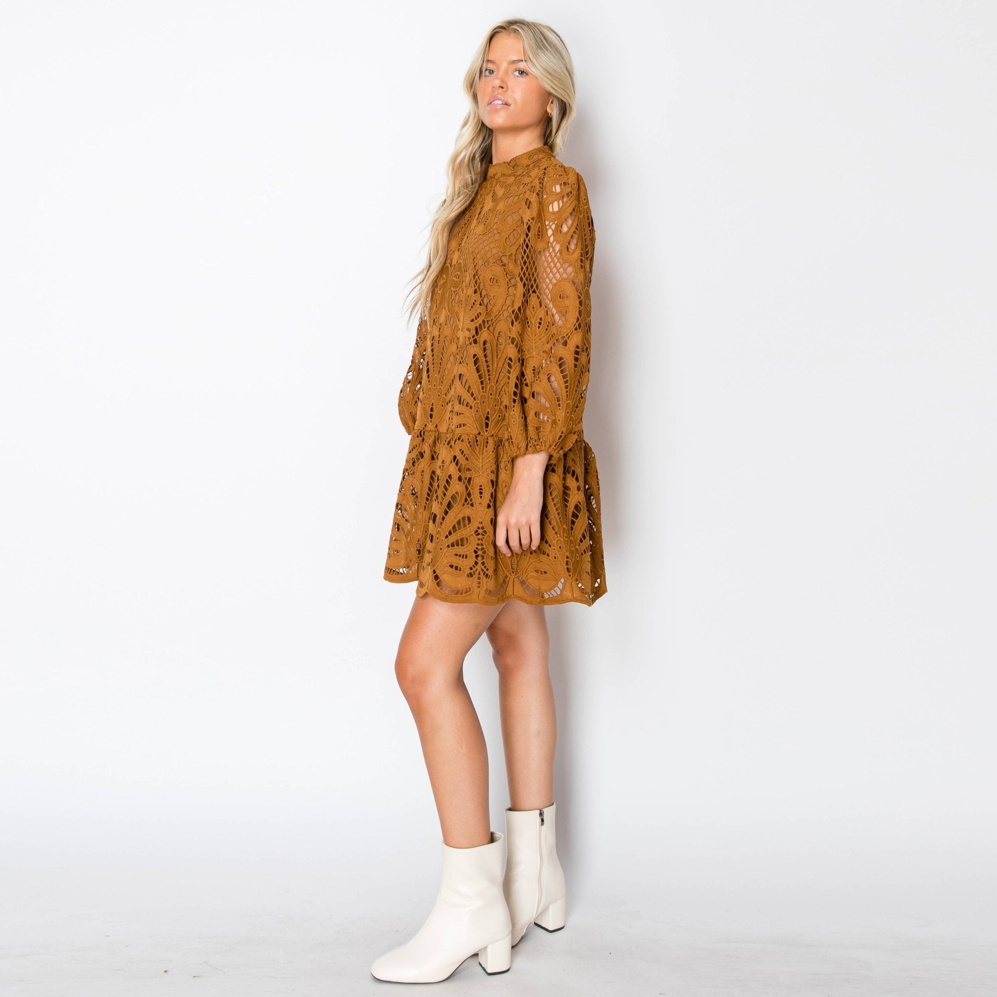 Caramel Damask Lace Dress - Elle Maxine