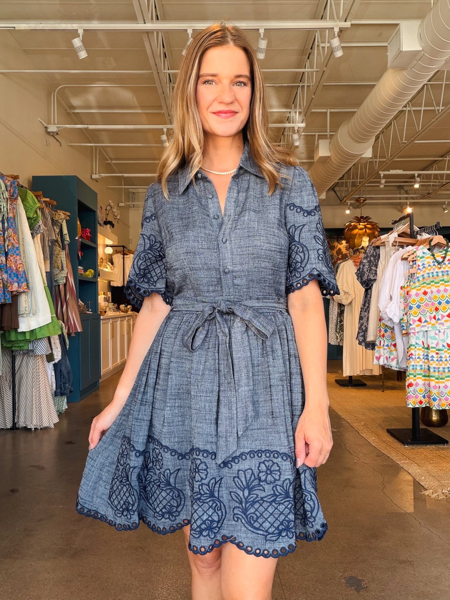 Caroline Embroidered Tie Waist Dress - Elle Maxine