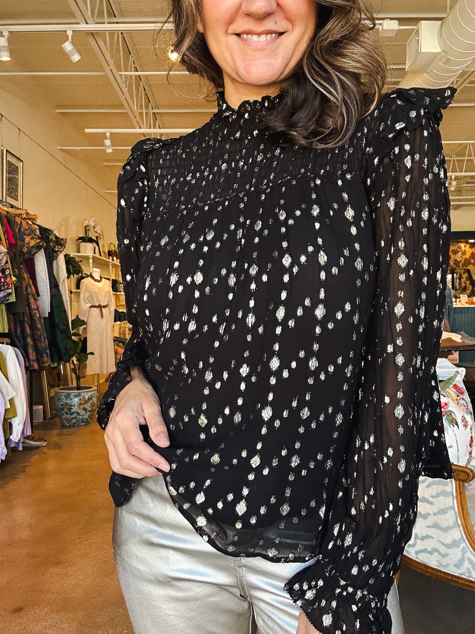 Cassie High Neck Smocked Dot Top - Elle Maxine