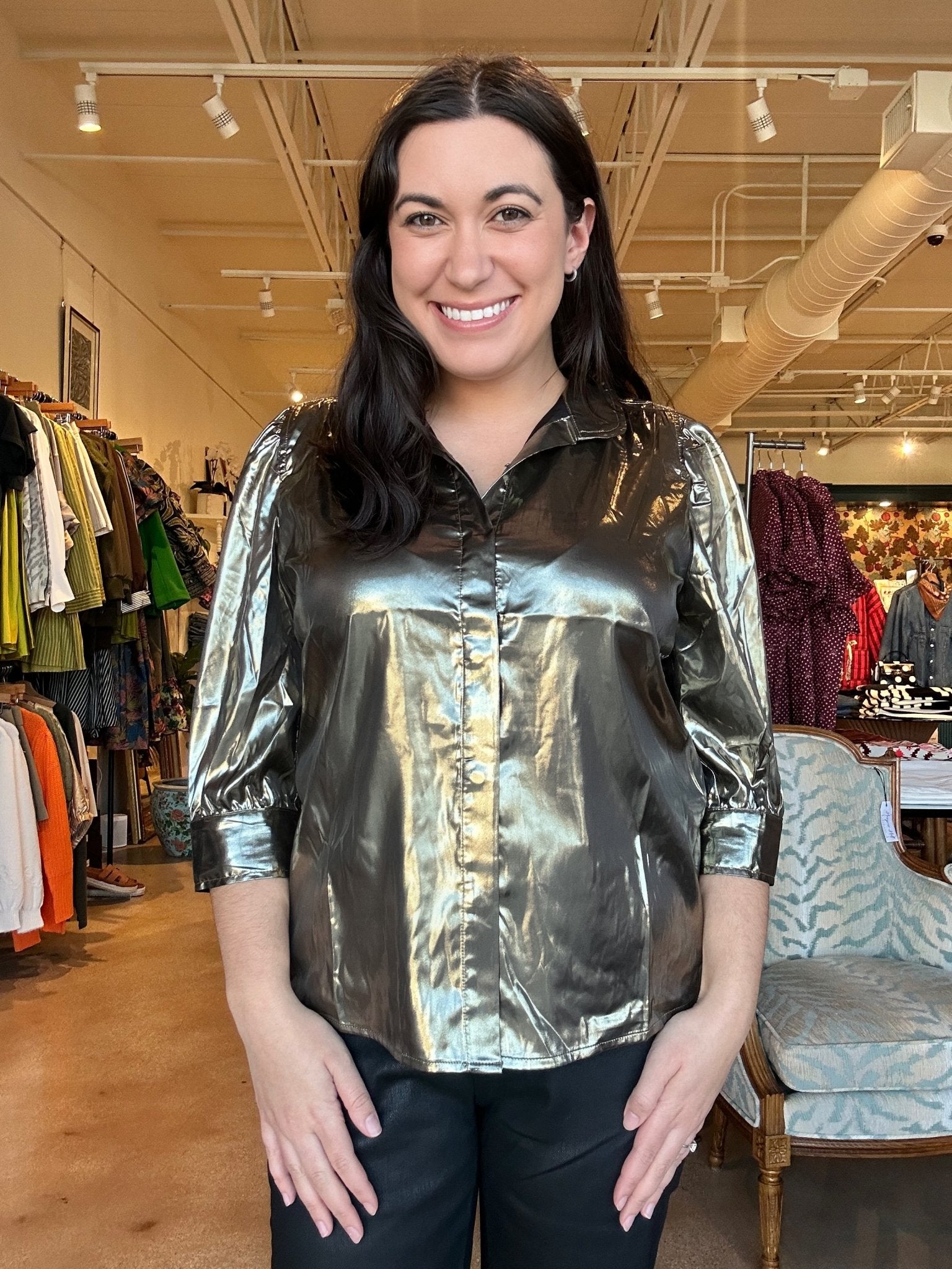 Cate Ruched Sleeve Top - Liquid Metallic - Elle Maxine