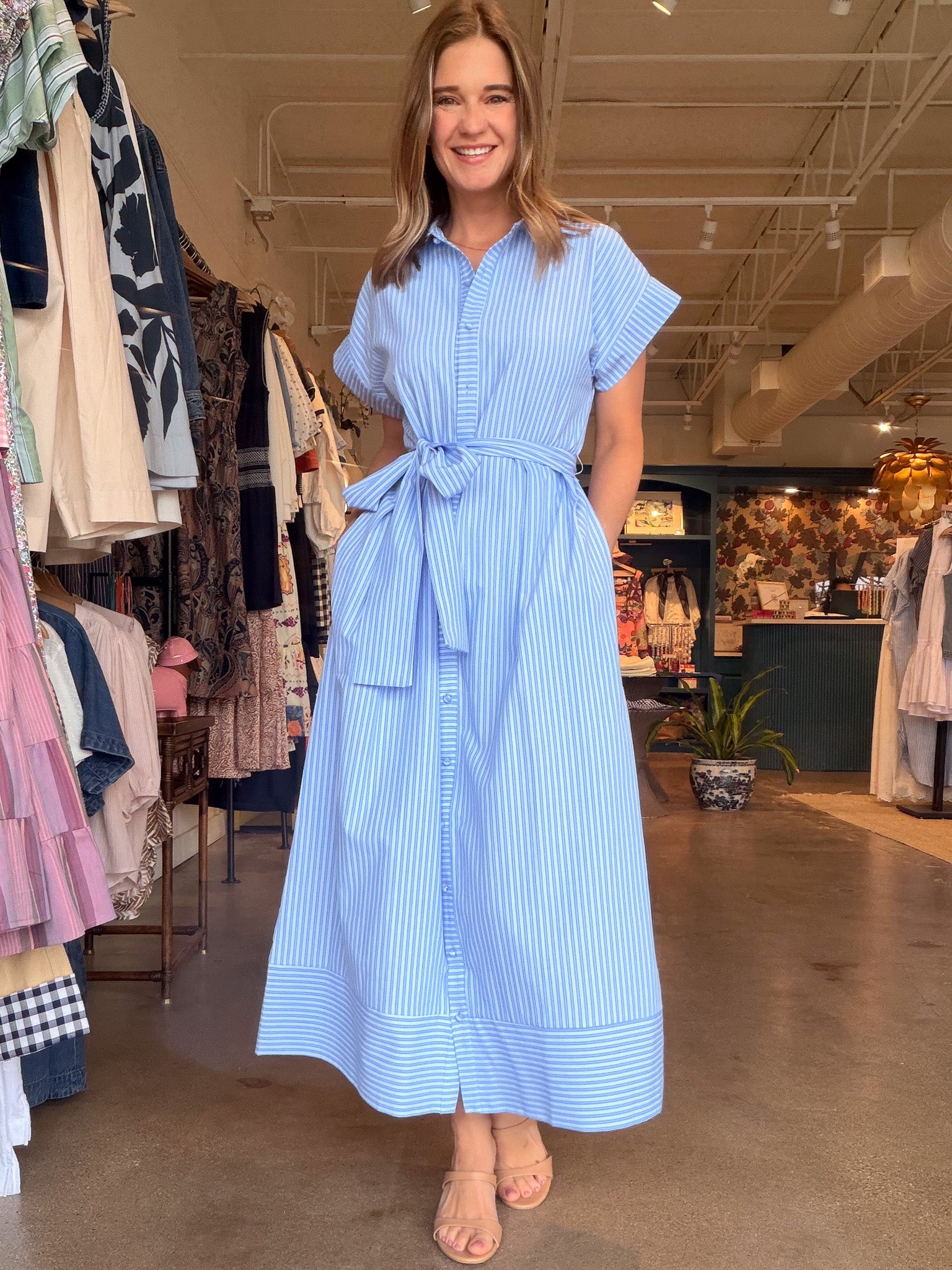 Catherine Midi Shirt Dress - Blue Stripe - Elle Maxine