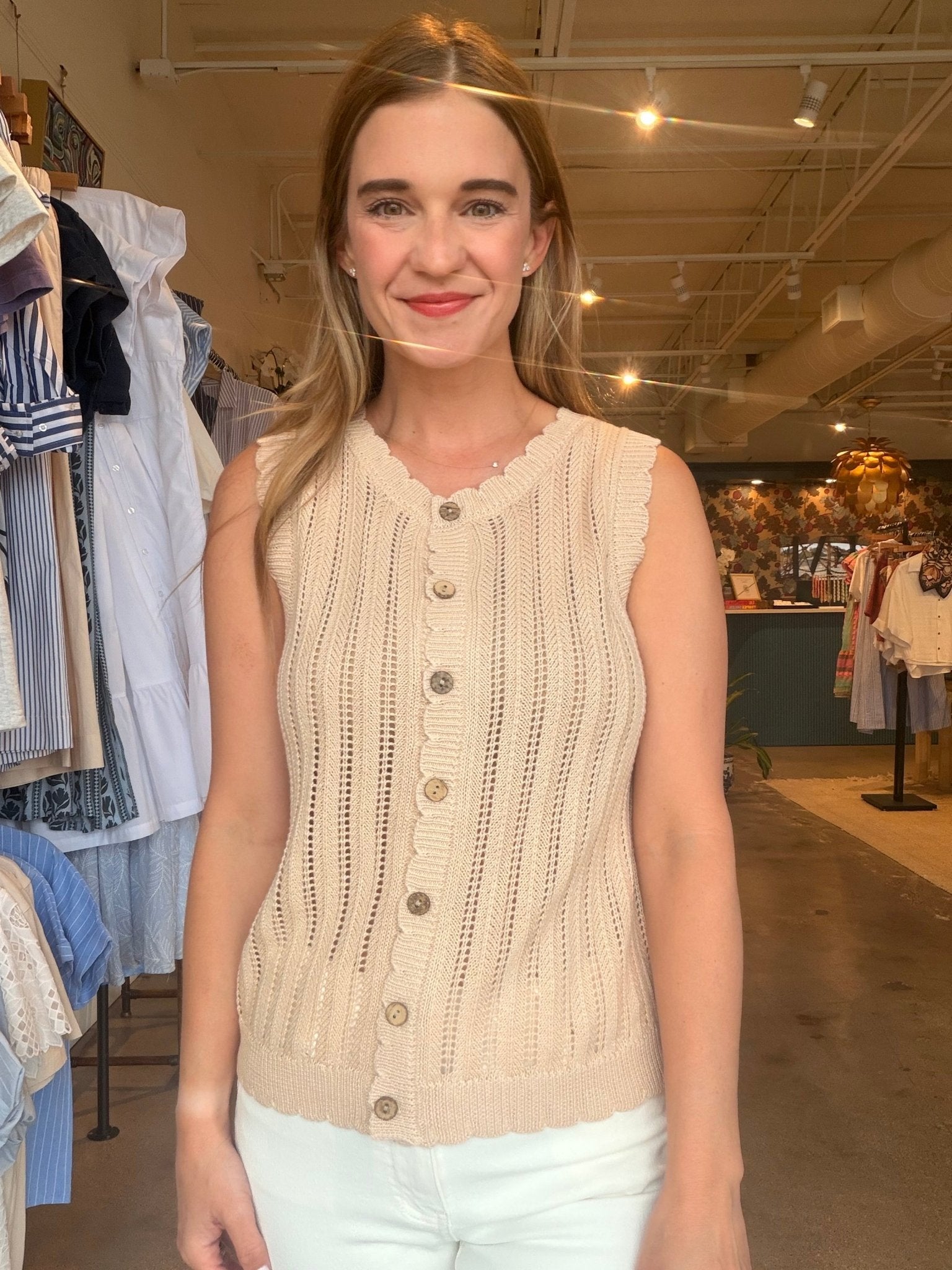 Cecily Scallop Hem Knit Top - Beige - Elle Maxine