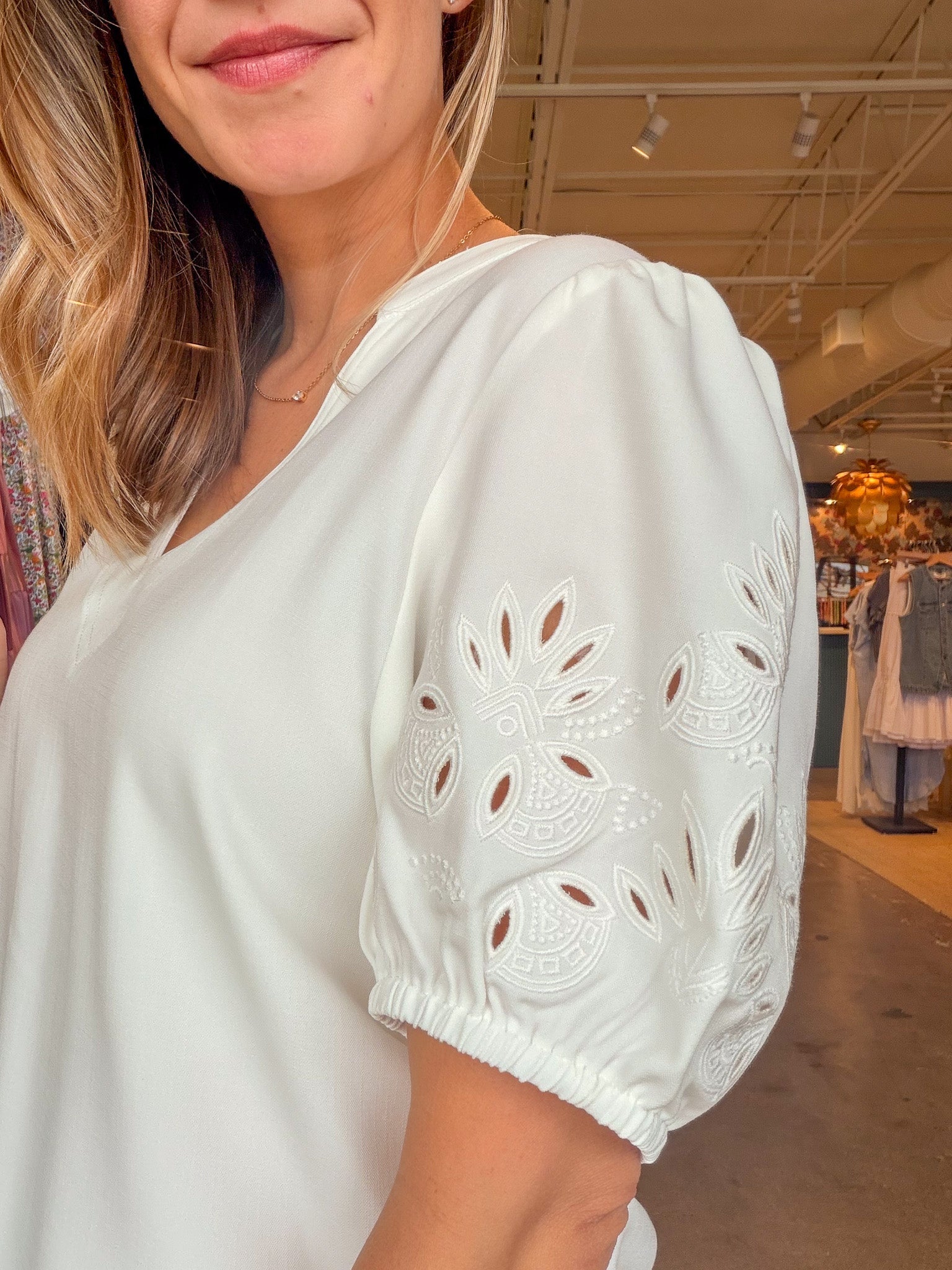 Charli Embroidered Sleeve Top - White - Elle Maxine
