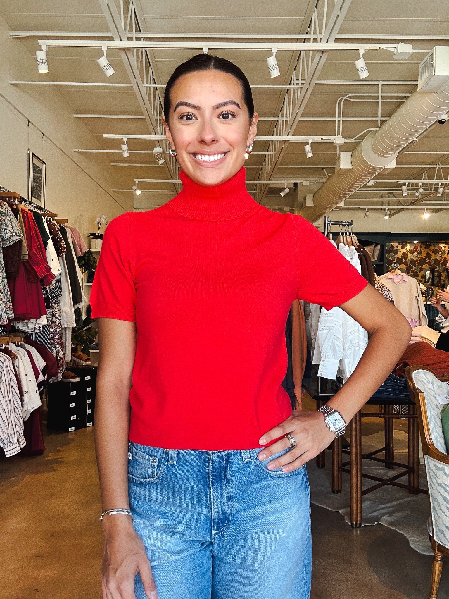 Clara Mock Neck Top - Red - Elle Maxine
