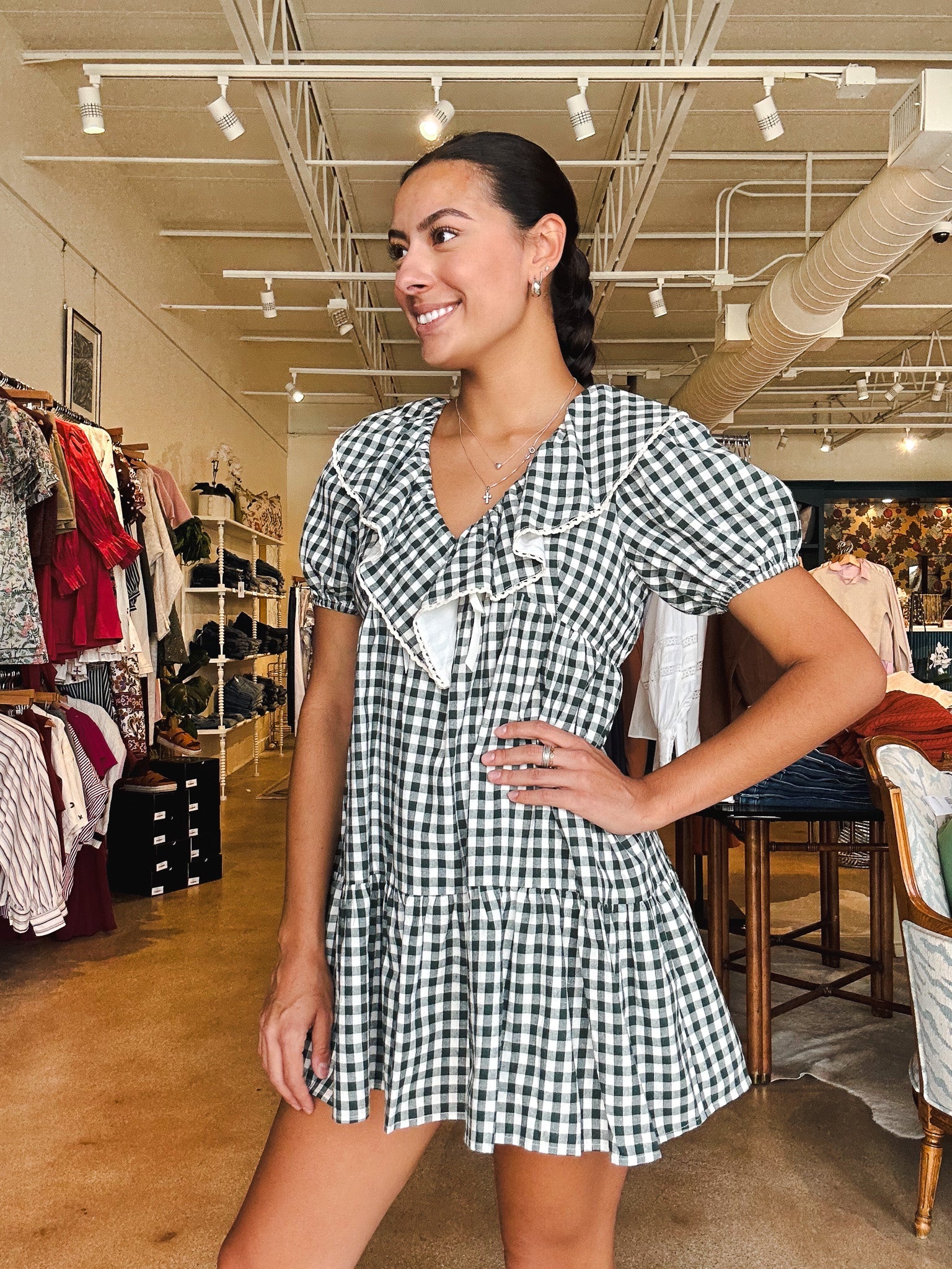 Clarice Gingham Mini Dress - Green - Elle Maxine