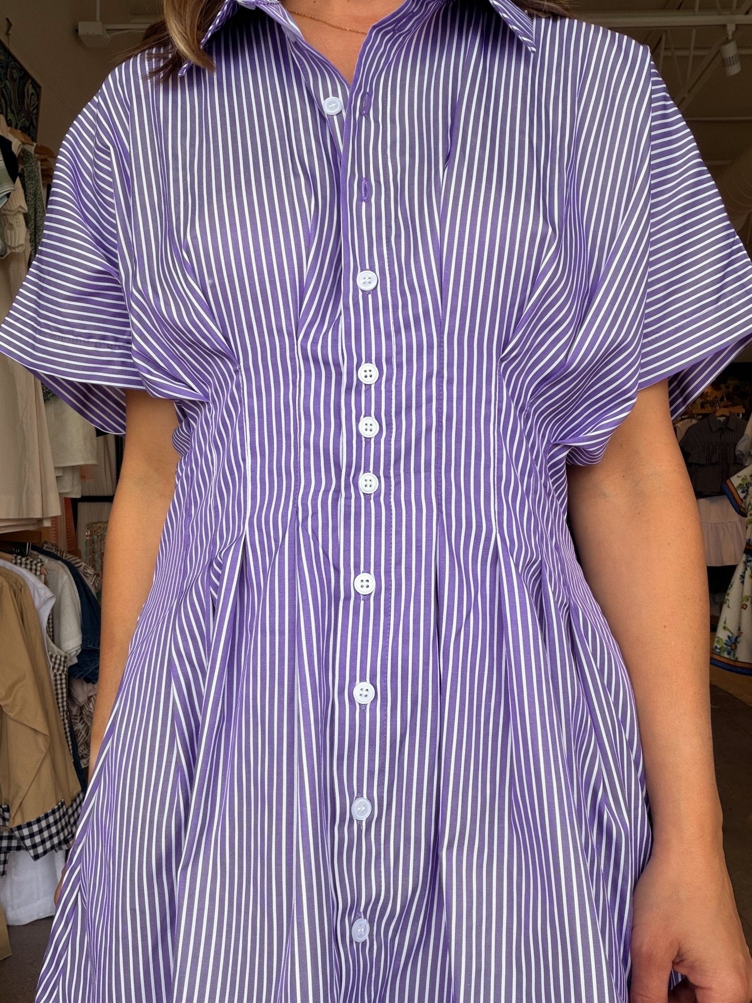 Cora Stripe Pleated Shirt Dress Purple / Large