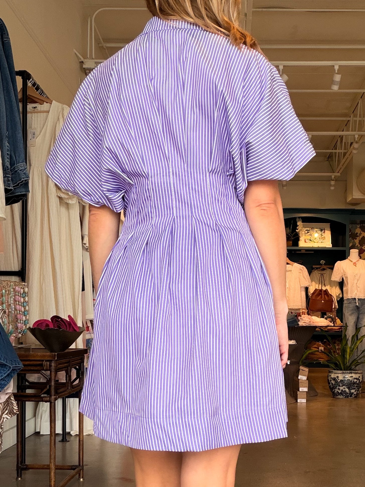 Cora Stripe Pleated Shirt Dress Purple / Large
