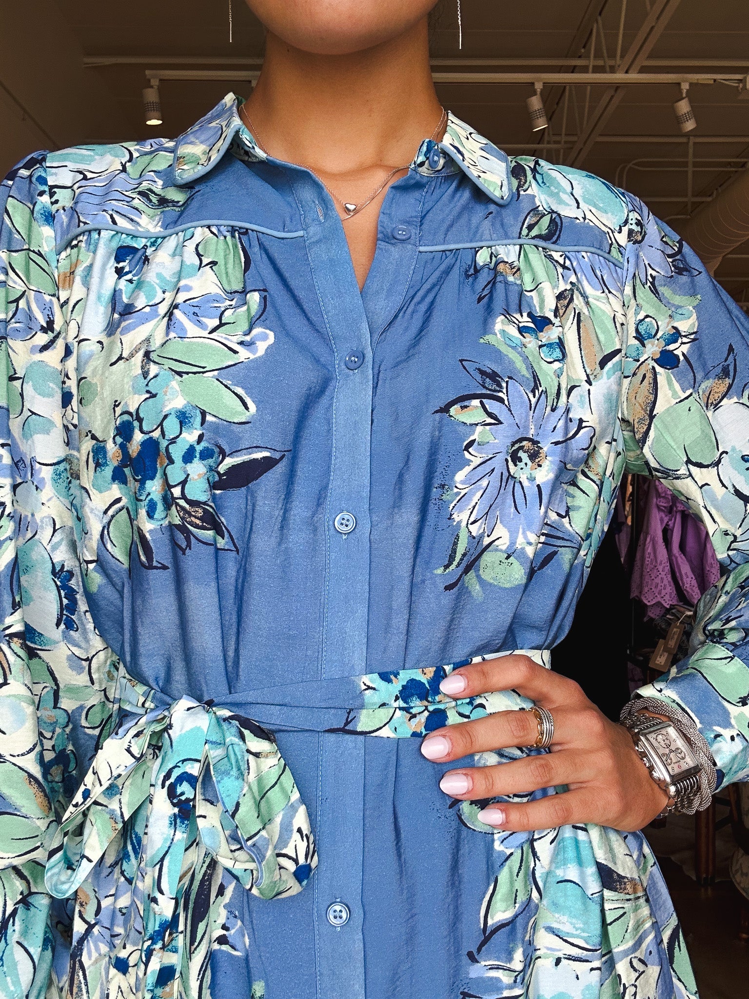 Daisy Belted Dress - Blue Floral - Elle Maxine