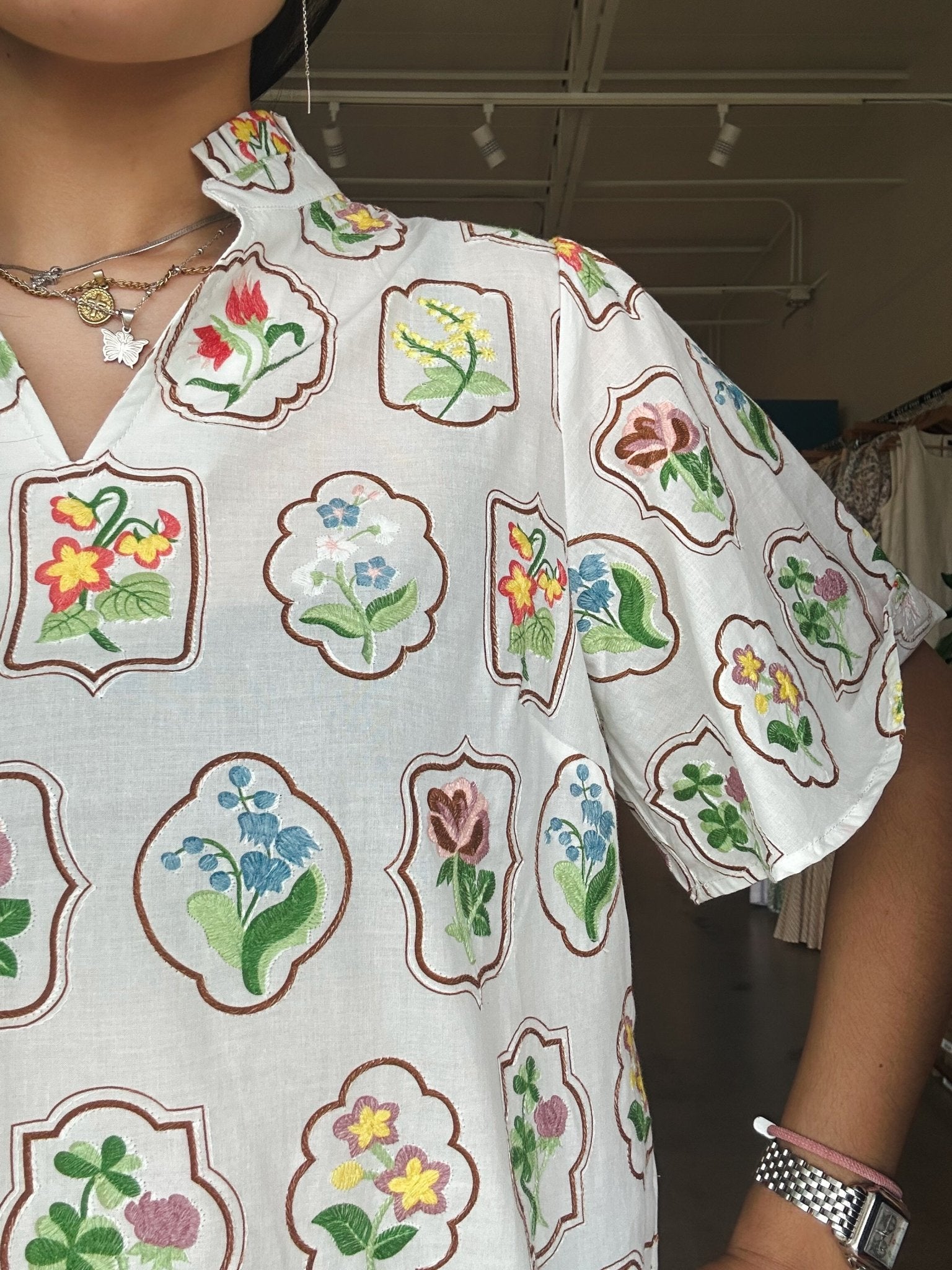 Dawn Floral Embroidered V - Neck Top - Elle Maxine