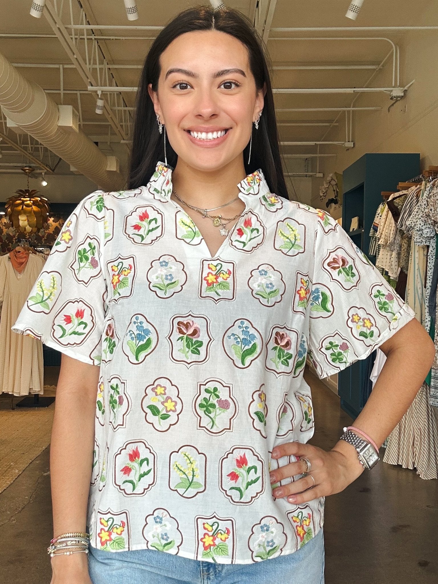 Dawn Floral Embroidered V - Neck Top - Elle Maxine