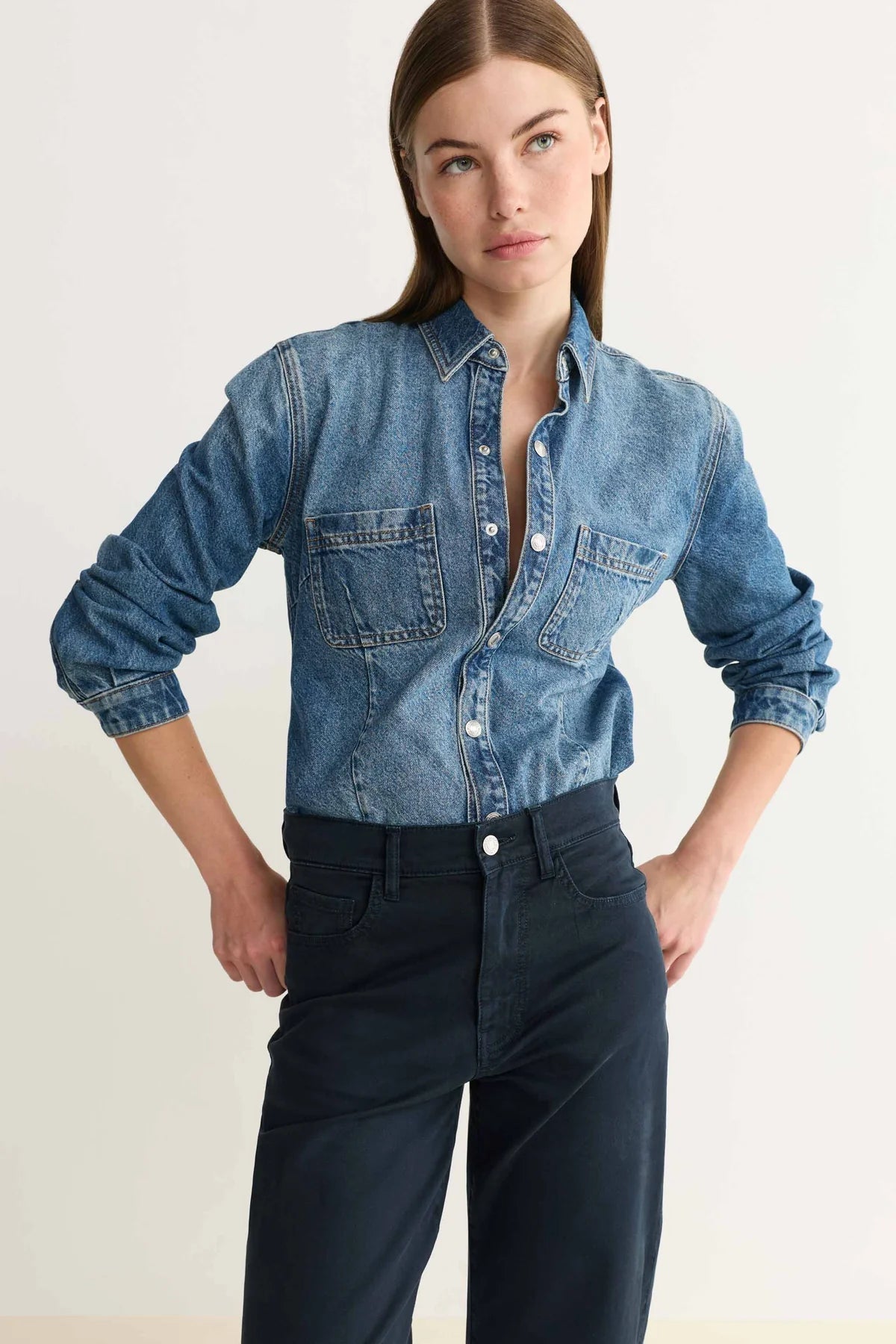 Day Dreamer Pearl Snap Denim Top - Elle Maxine