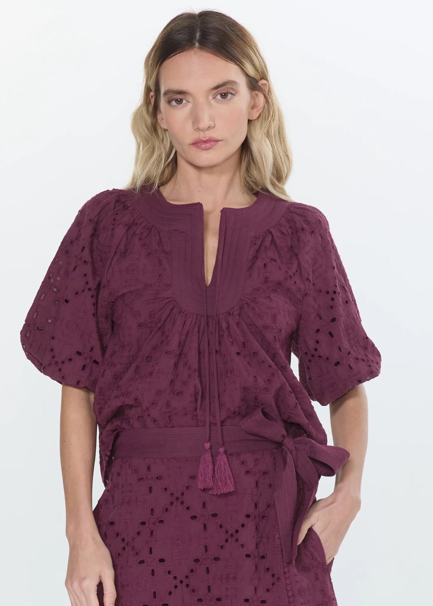 Delphi Embroidered Eyelet Bubble Sleeve Top - Elle Maxine
