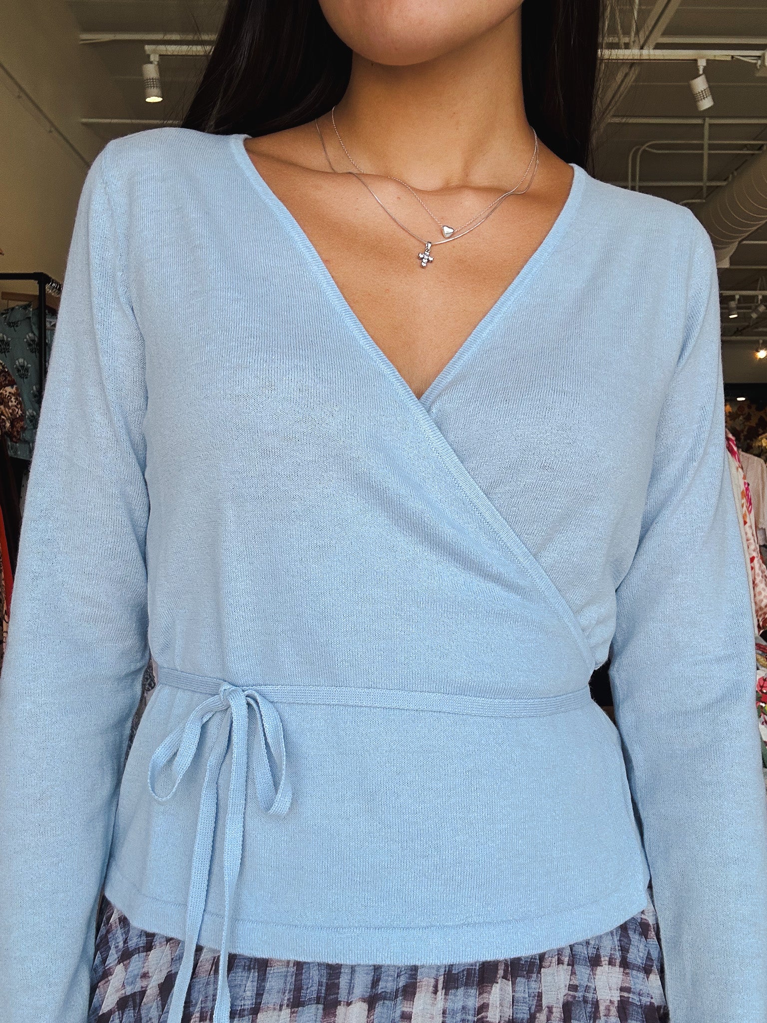 Dominic Faux Wrap Top - Sky Blue - Elle Maxine