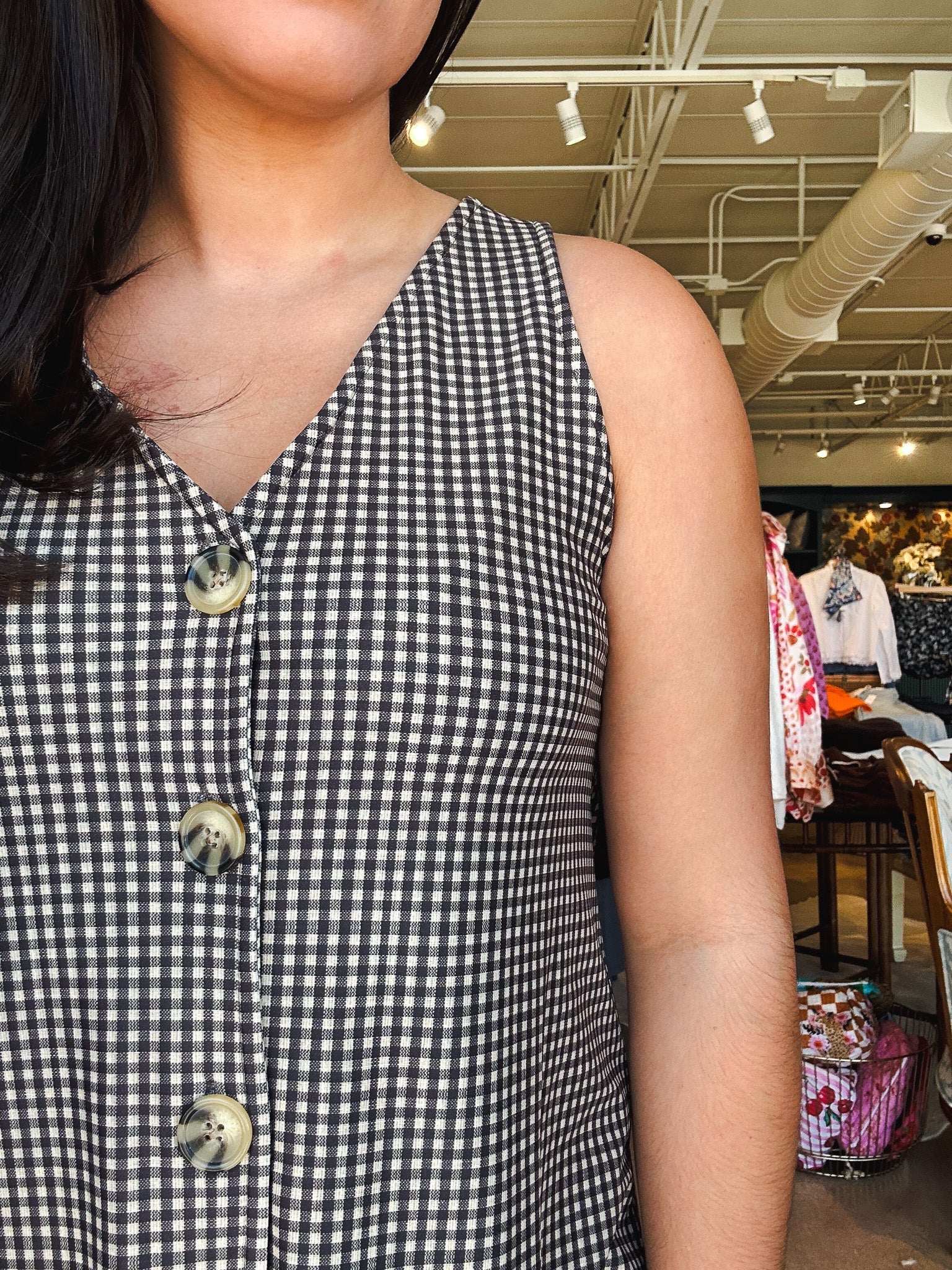 Dorothy V Neck Dress - Black Beige Gingham - Elle Maxine