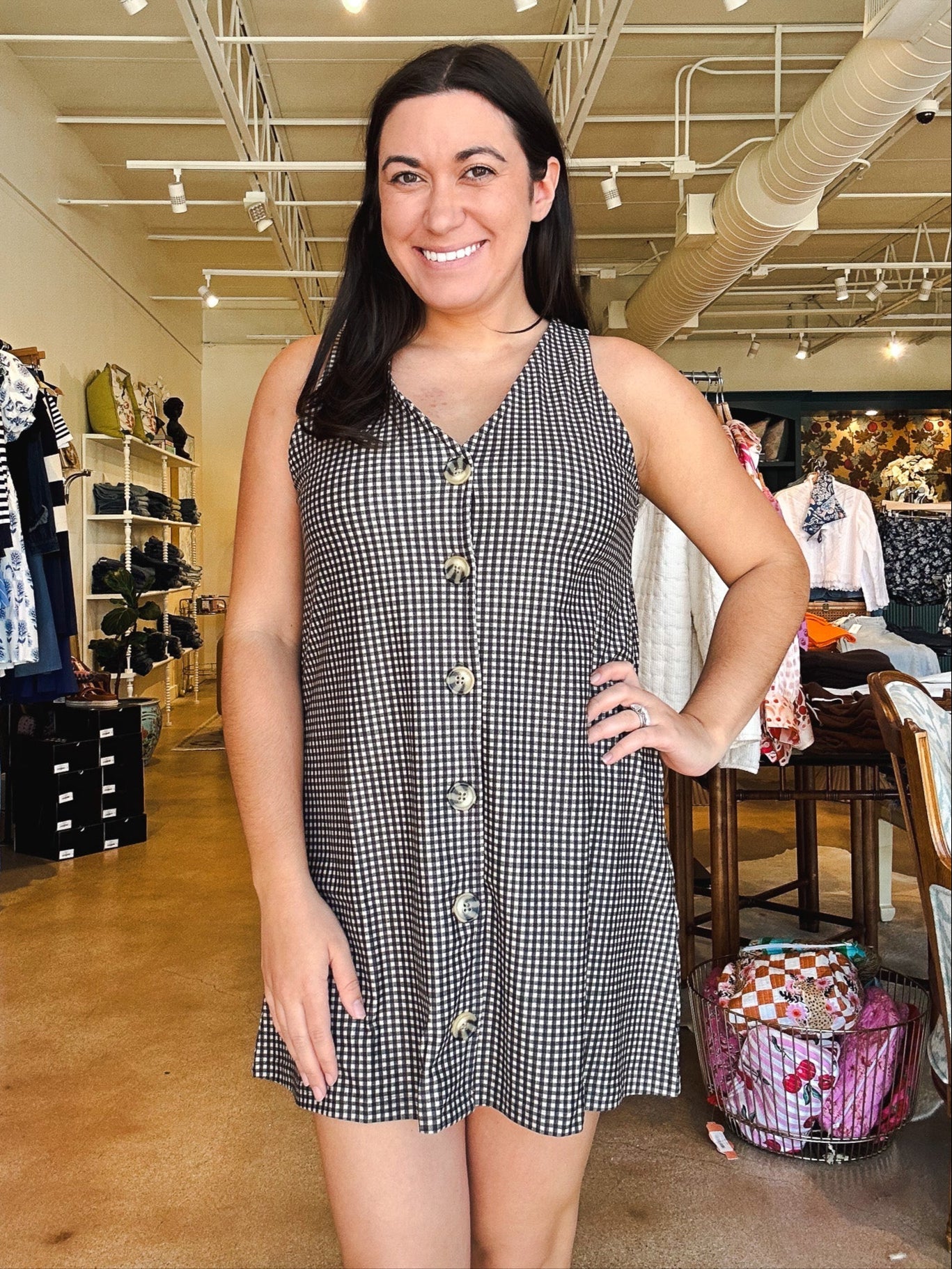 Dorothy V Neck Dress - Black Beige Gingham - Elle Maxine