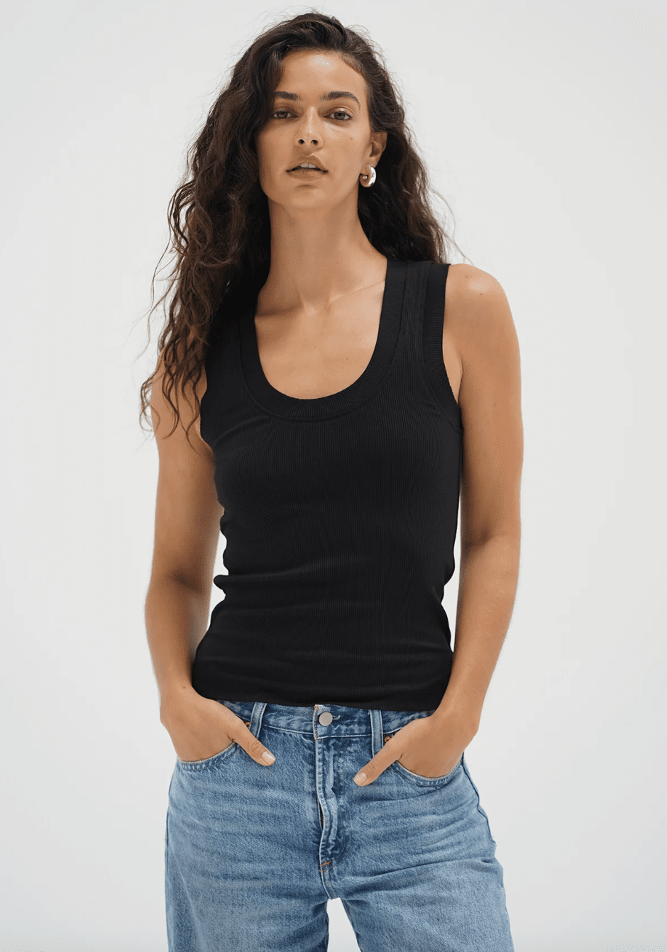 Double Layer Ribbed Scoop Tank - Black - Elle Maxine