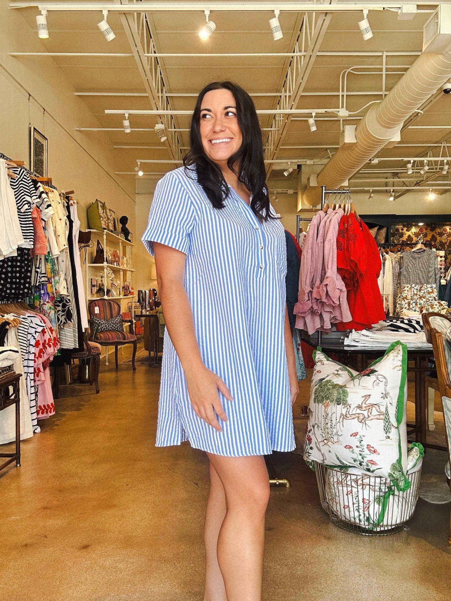 Easy Seersucker Shirtdress - Blue - Elle Maxine