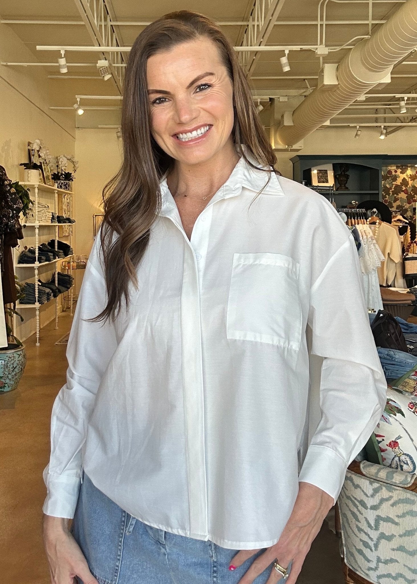 Elsie Pleated Back Button Down Top - White - Elle Maxine