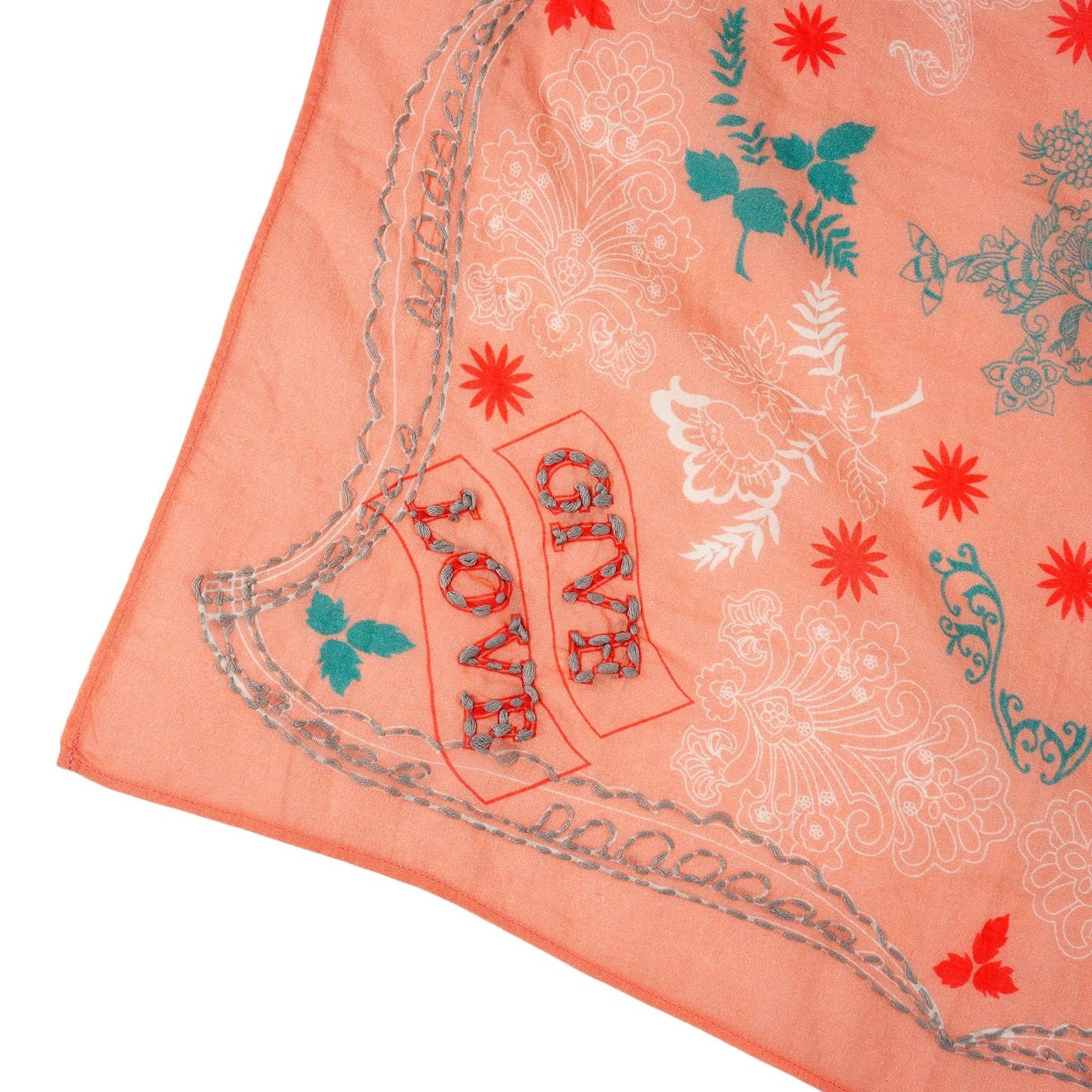 Embroidered Cotton Bandana - Give Love Coral - Elle Maxine