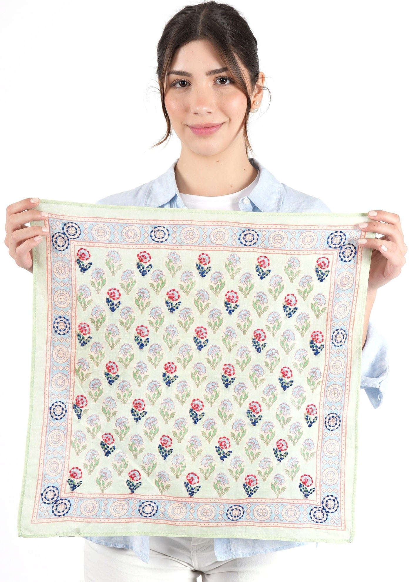 Embroidered Cotton Bandana - Green Block Floral - Elle Maxine
