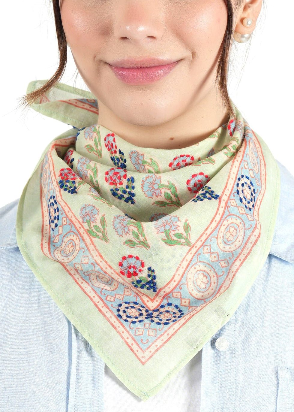 Embroidered Cotton Bandana - Green Block Floral - Elle Maxine