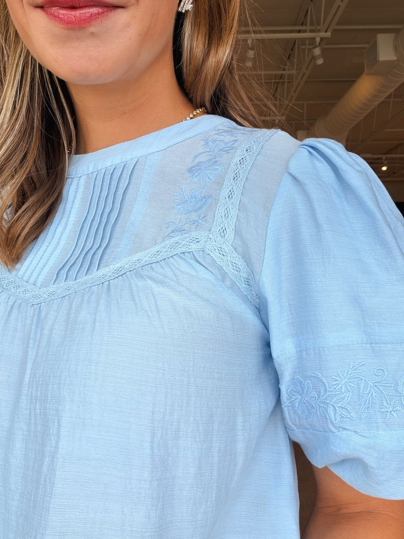 Emma Lace Trim Top - Light Blue - Elle Maxine