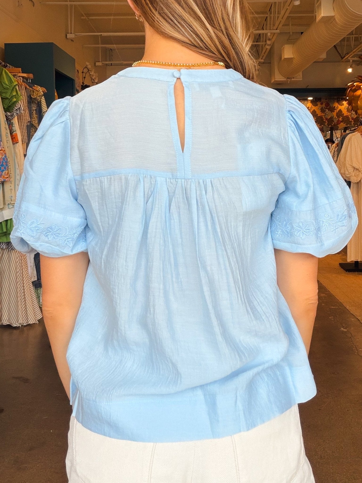 Emma Lace Trim Top - Light Blue - Elle Maxine