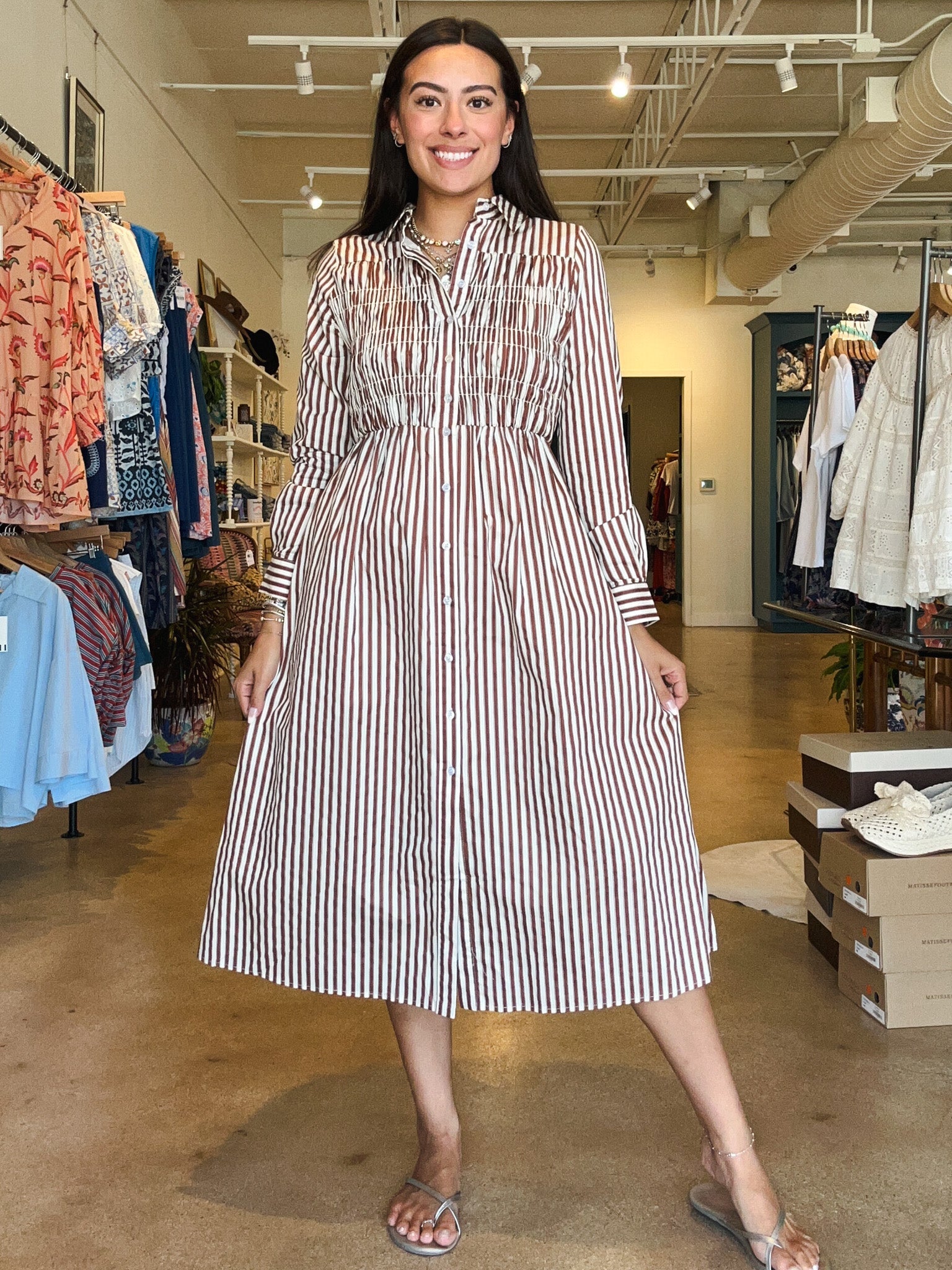Erica Stripe Smocked Midi Dress - Elle Maxine