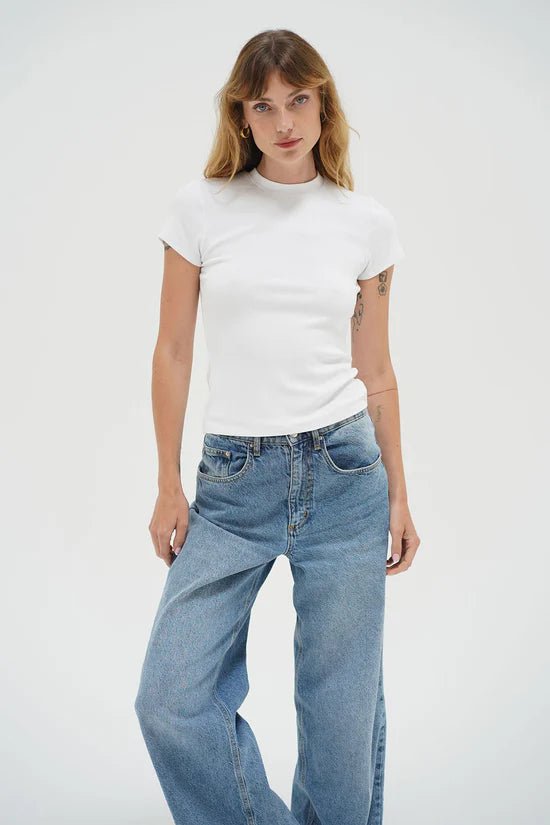 Fitted Ribbed Crew Tee - White - Elle Maxine