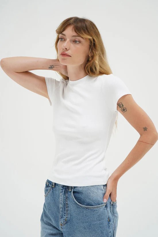 Fitted Ribbed Crew Tee - White - Elle Maxine
