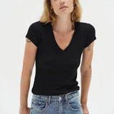 Fitted Ribbed V Neck - Black - Elle Maxine