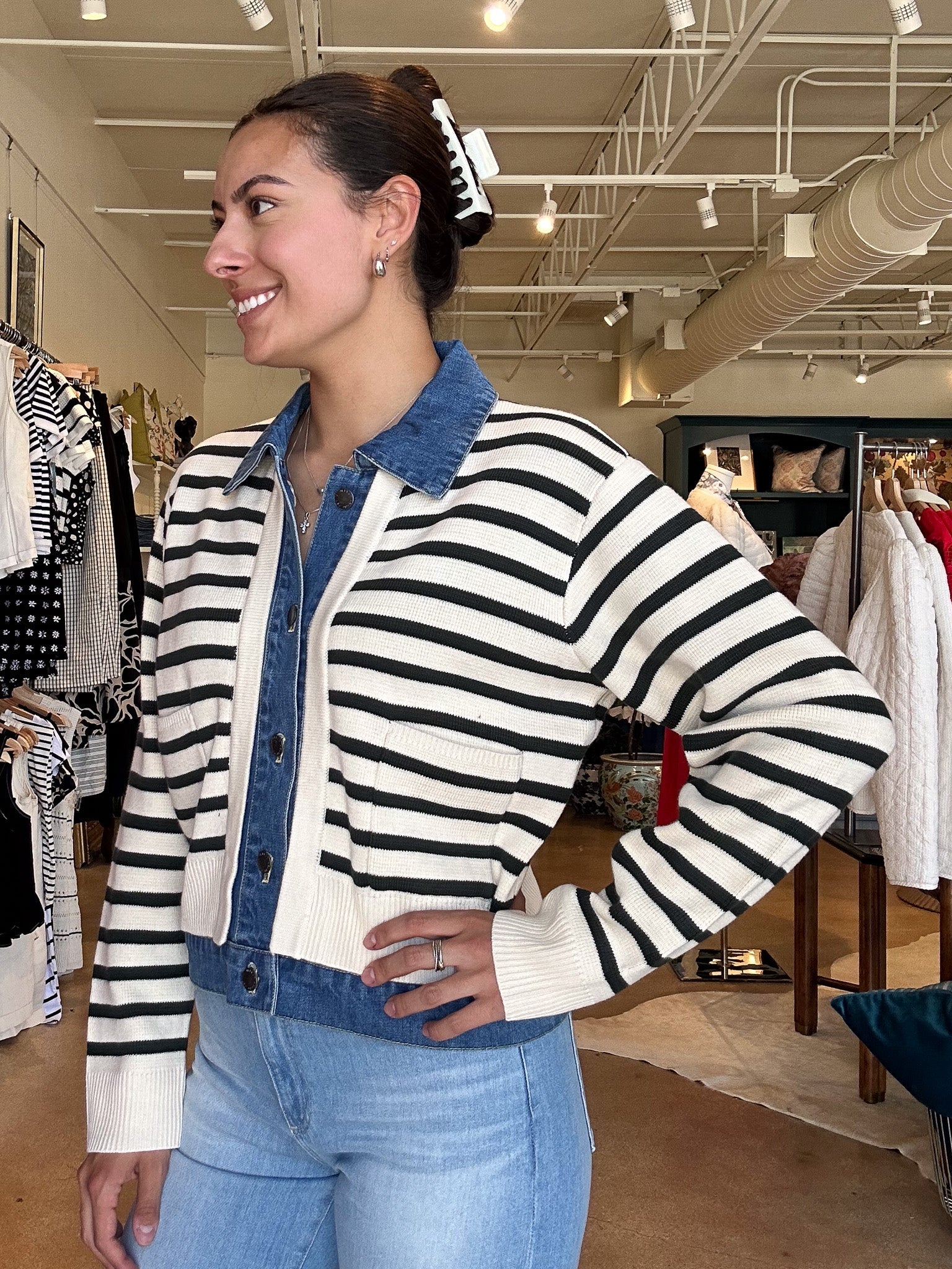 Francis Stripe Sweater Jacket - Green - Elle Maxine