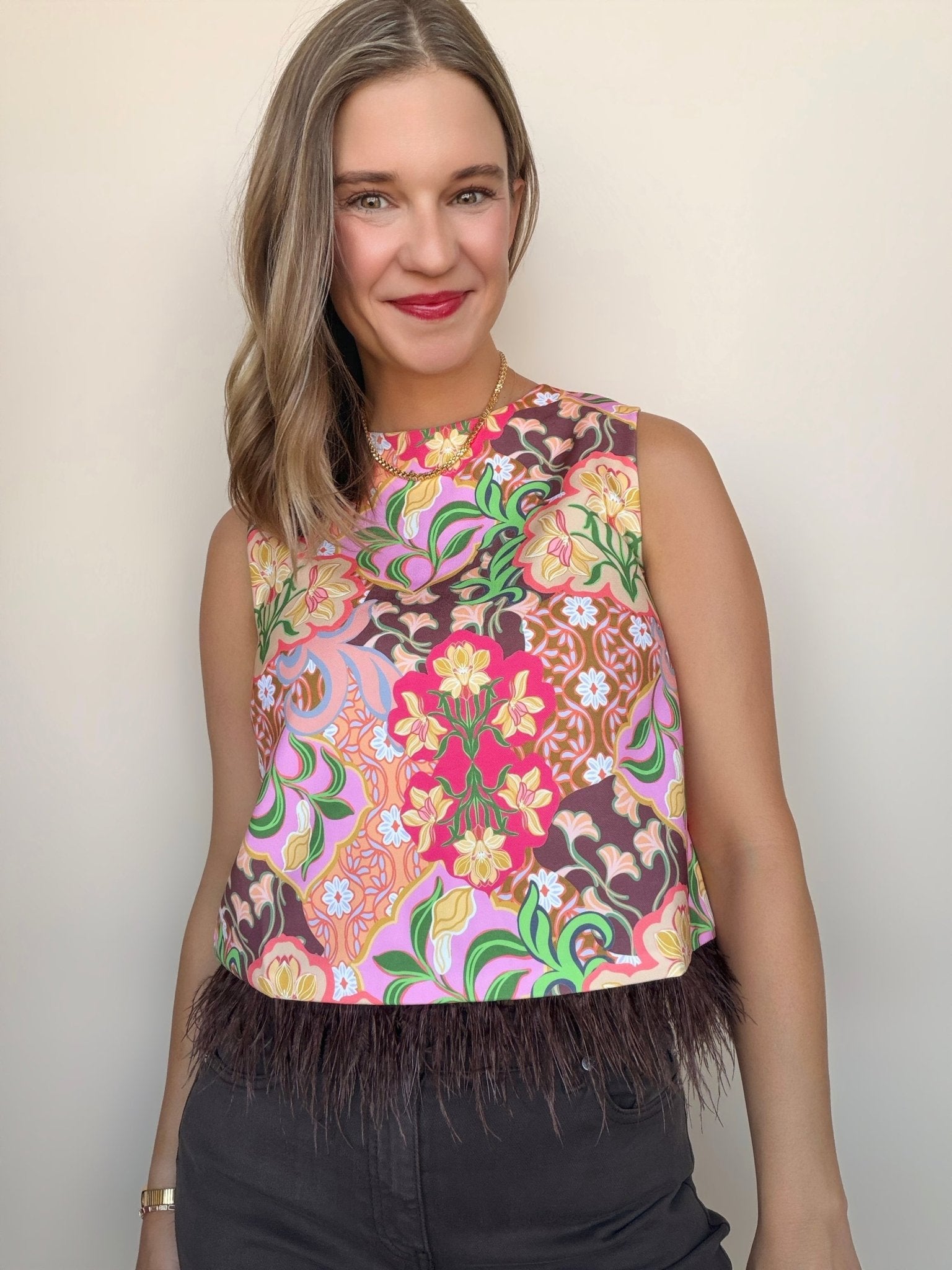 Garden Party Feather Hem Sleeveless Top - Elle Maxine