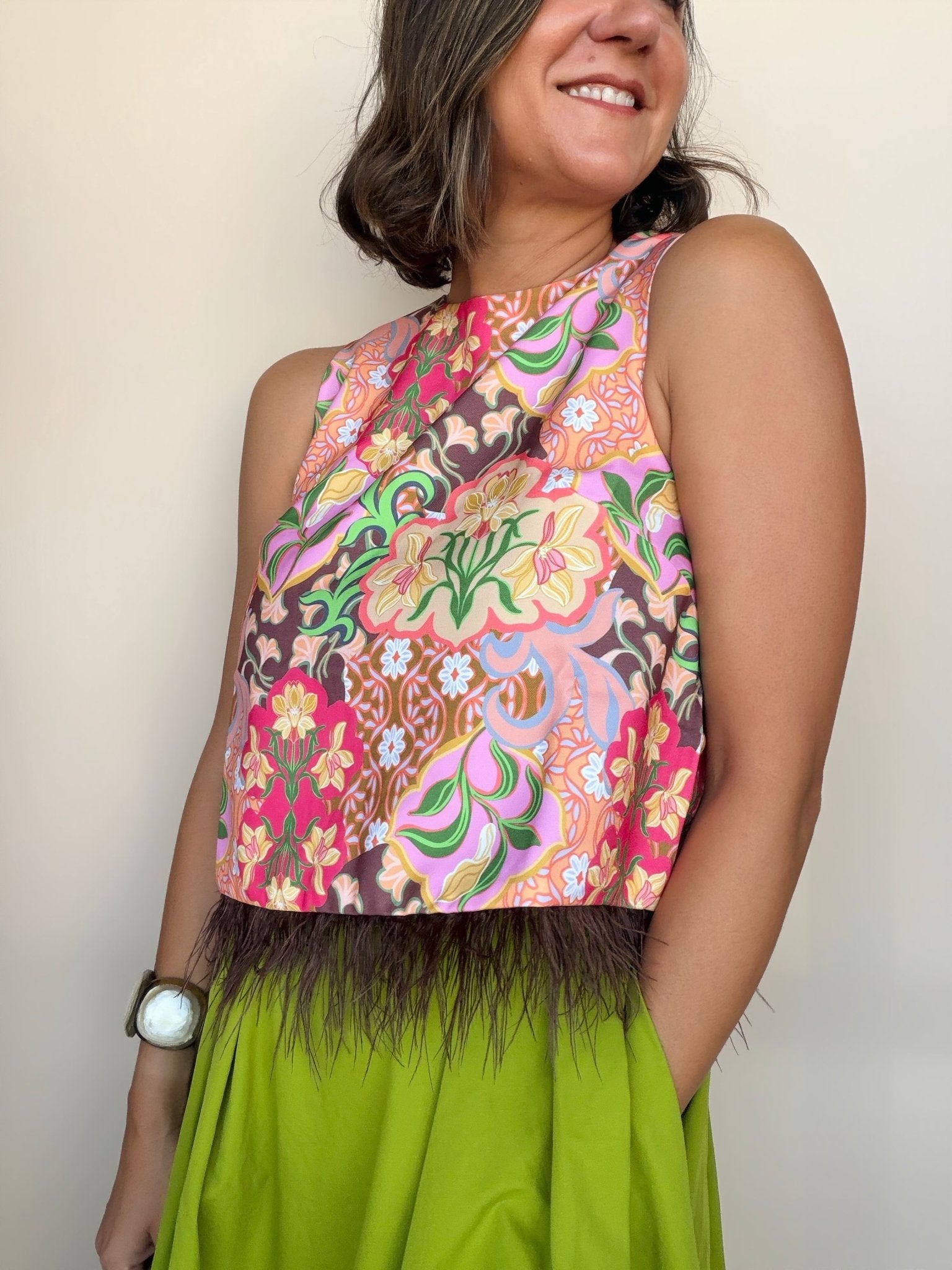 Garden Party Feather Hem Sleeveless Top - Elle Maxine