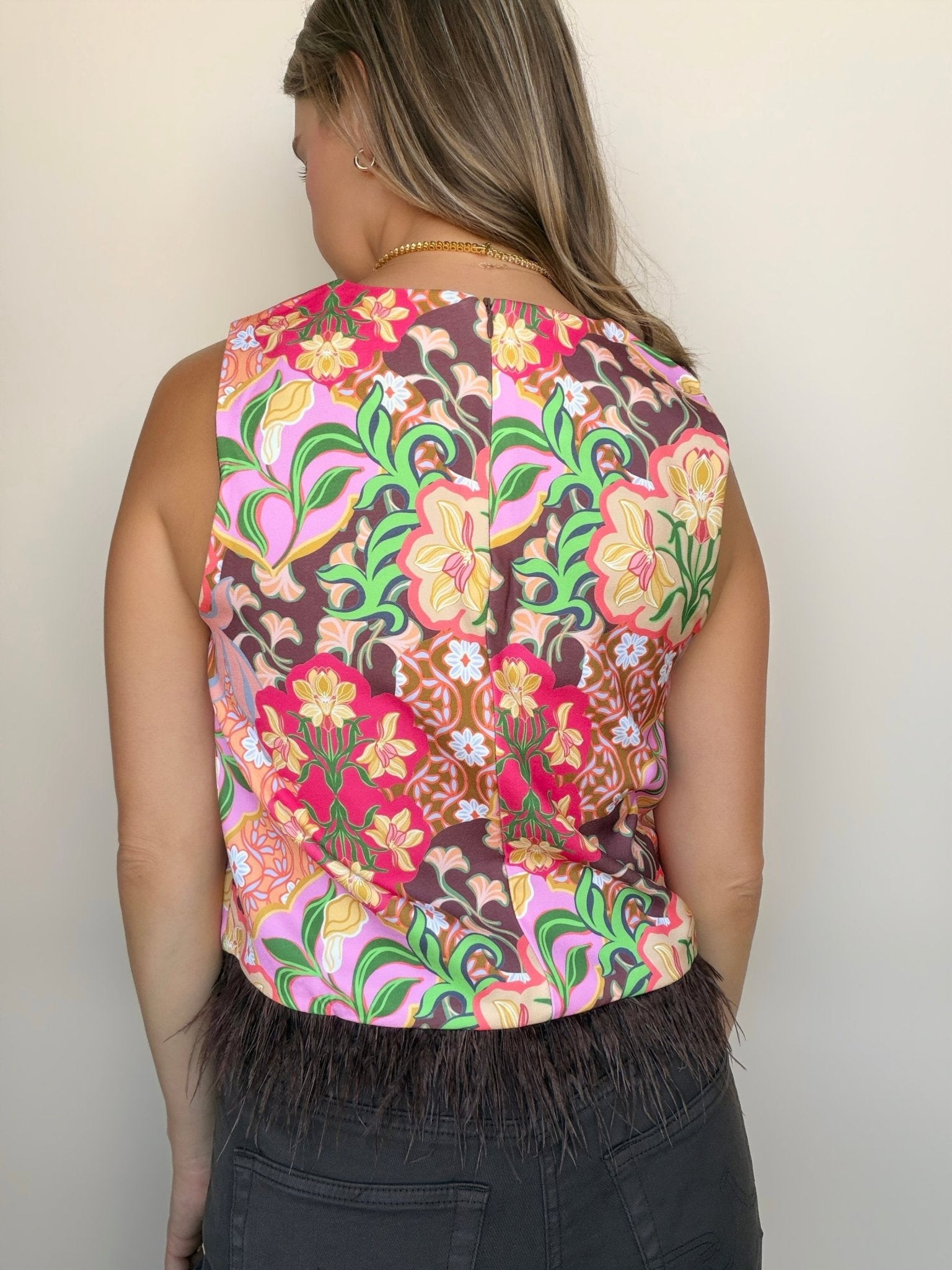 Garden Party Feather Hem Sleeveless Top - Elle Maxine