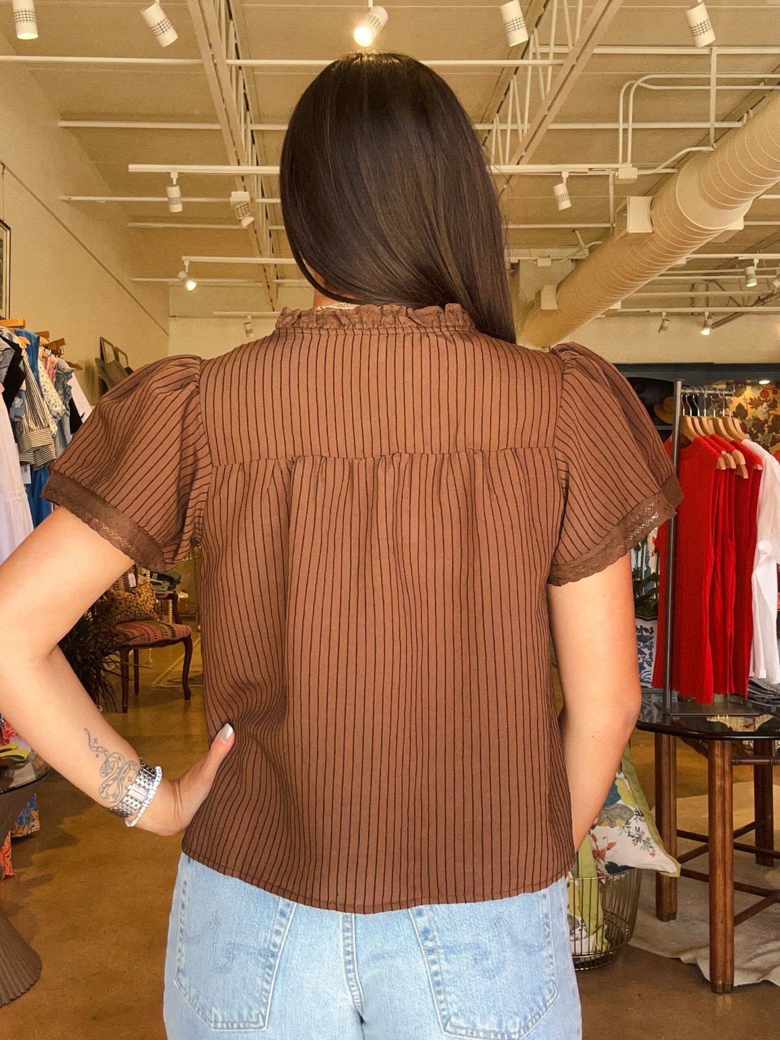Gillian Flutter Sleeve Top- Brown - Elle Maxine