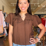 Gillian Flutter Sleeve Top- Brown - Elle Maxine