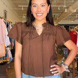 Gillian Flutter Sleeve Top- Brown - Elle Maxine