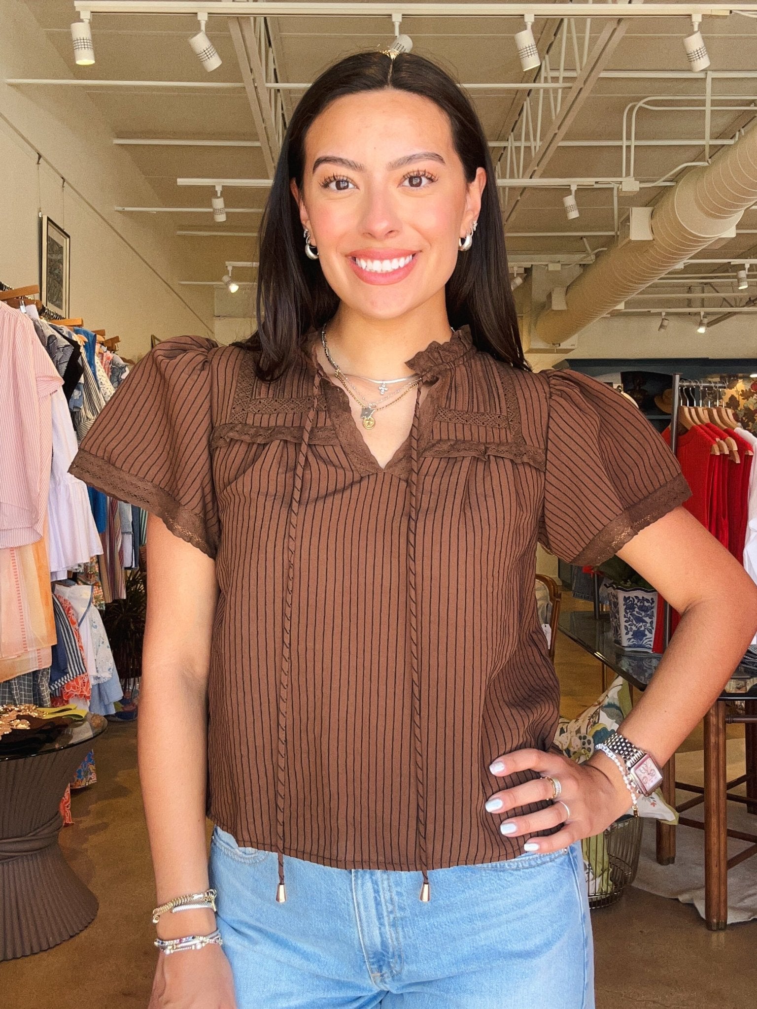 Gillian Flutter Sleeve Top- Brown - Elle Maxine