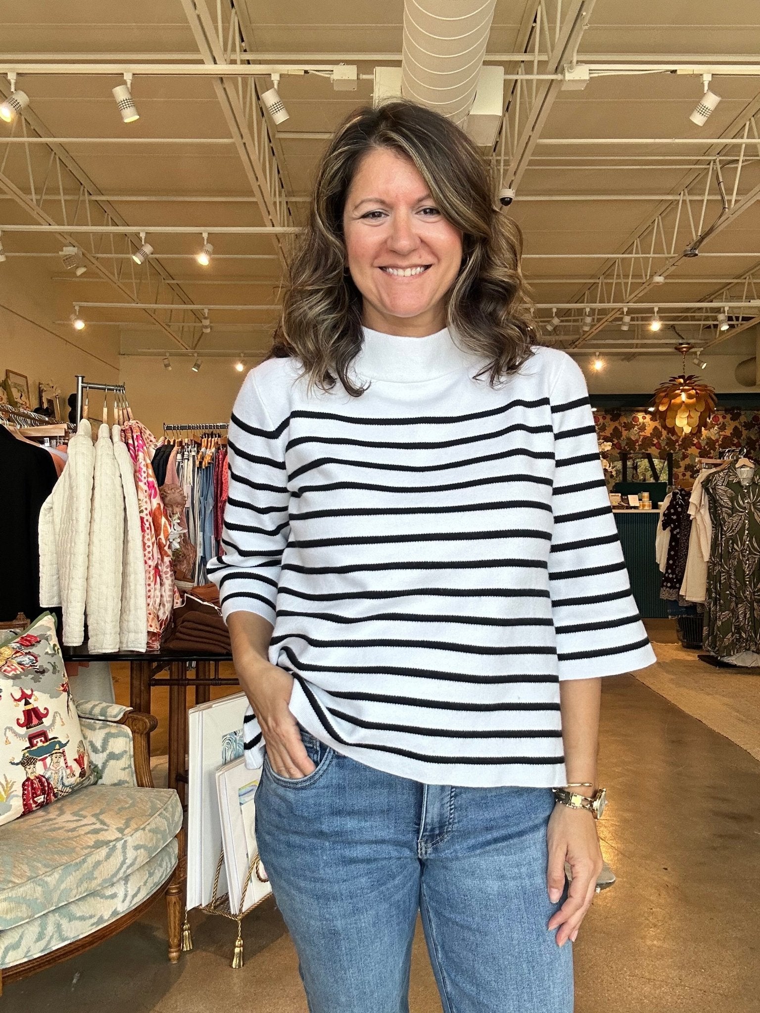 Ginny Mock Neck Sweater - Cream/Black Stripe - Elle Maxine