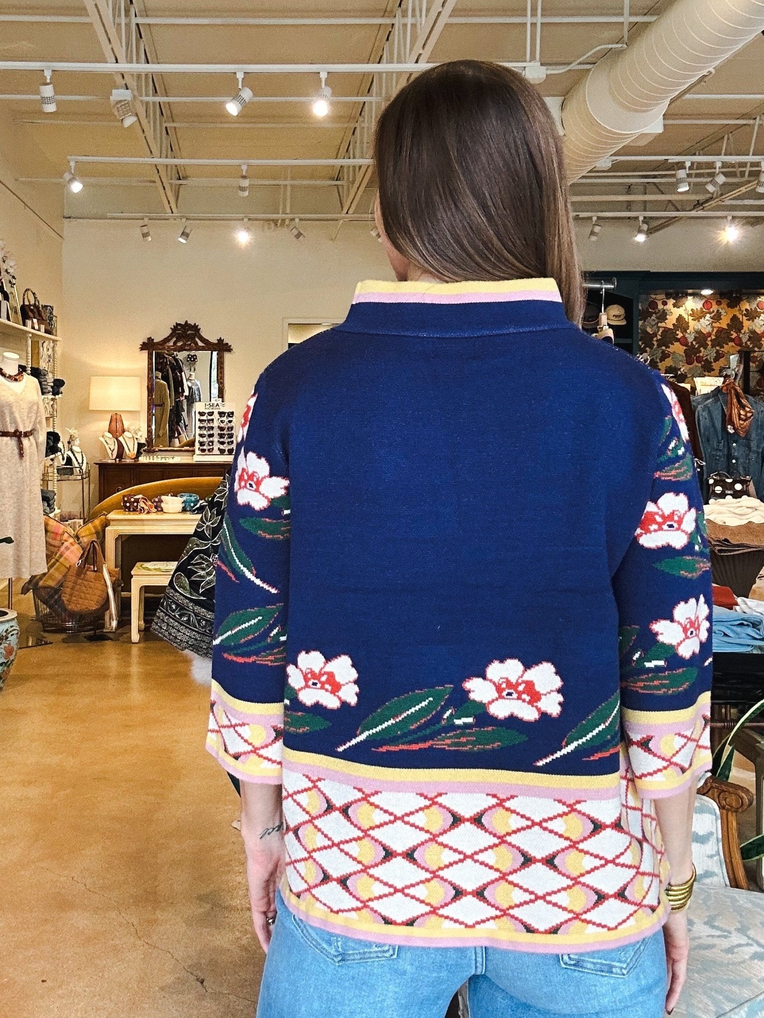 Ginny Mock Neck Sweater - Navy Floral - Elle Maxine