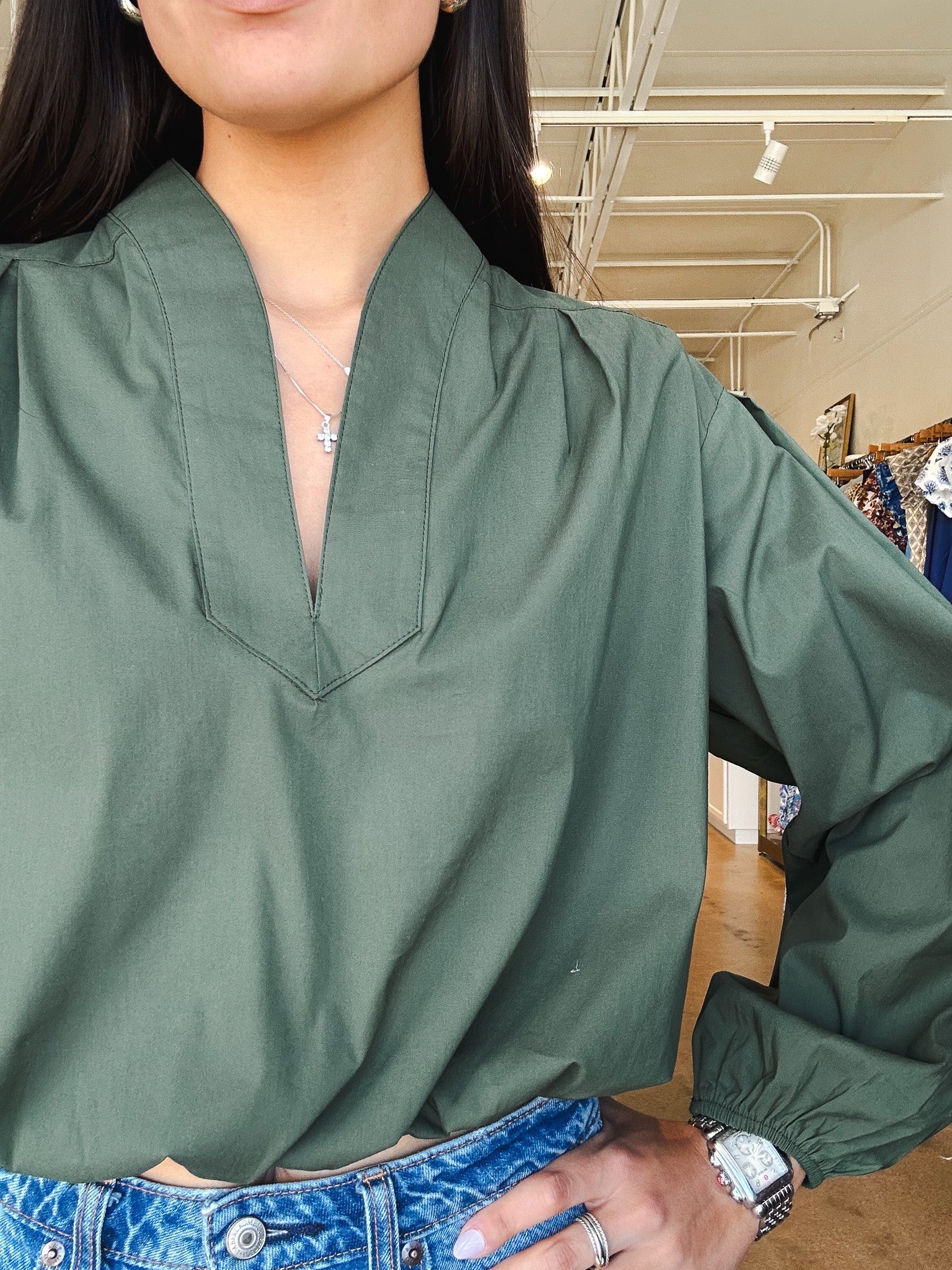 Greta Poplin Top - Pine - Elle Maxine