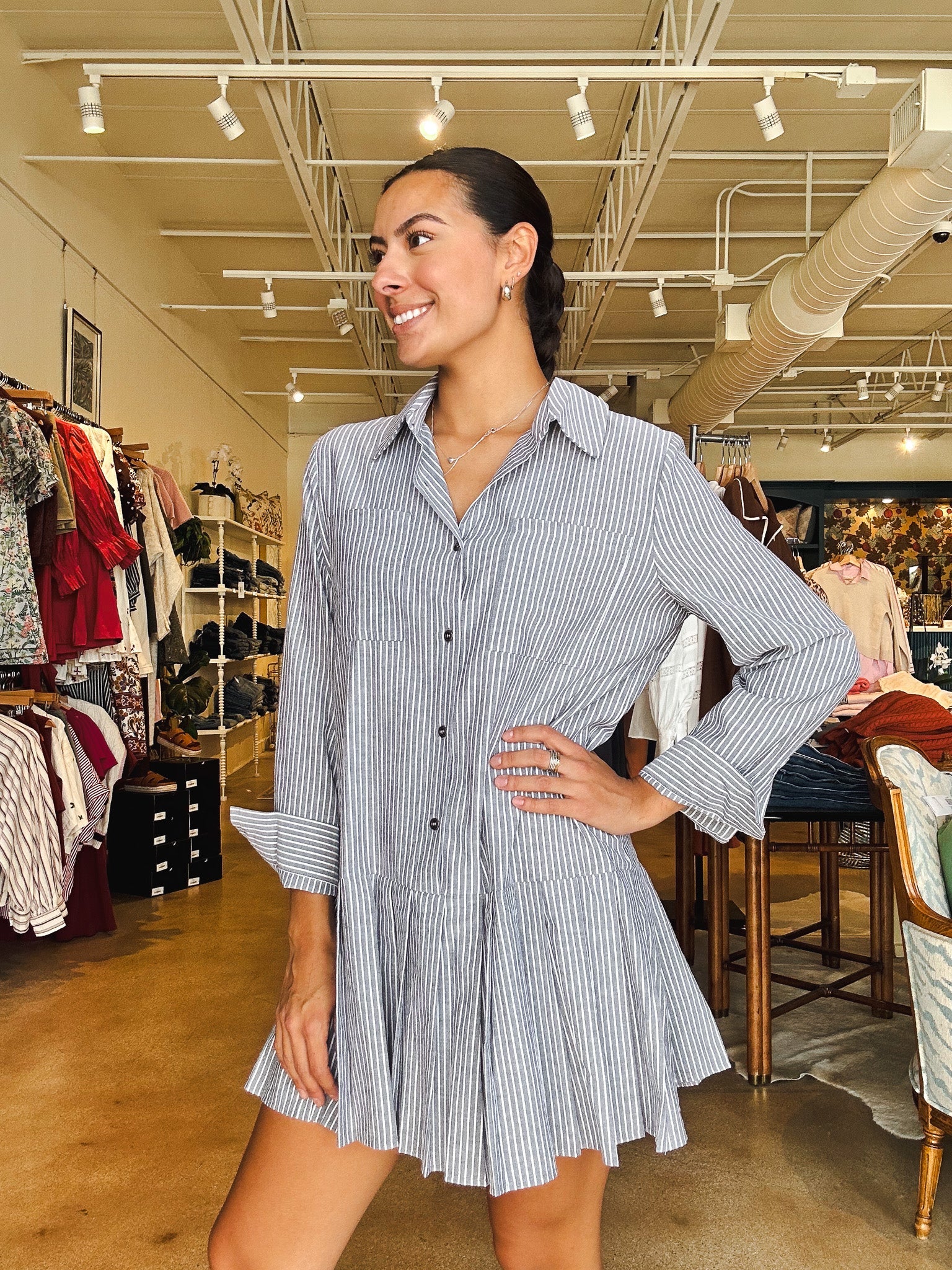 Grey Stripe Pleat Shirtdress - Elle Maxine
