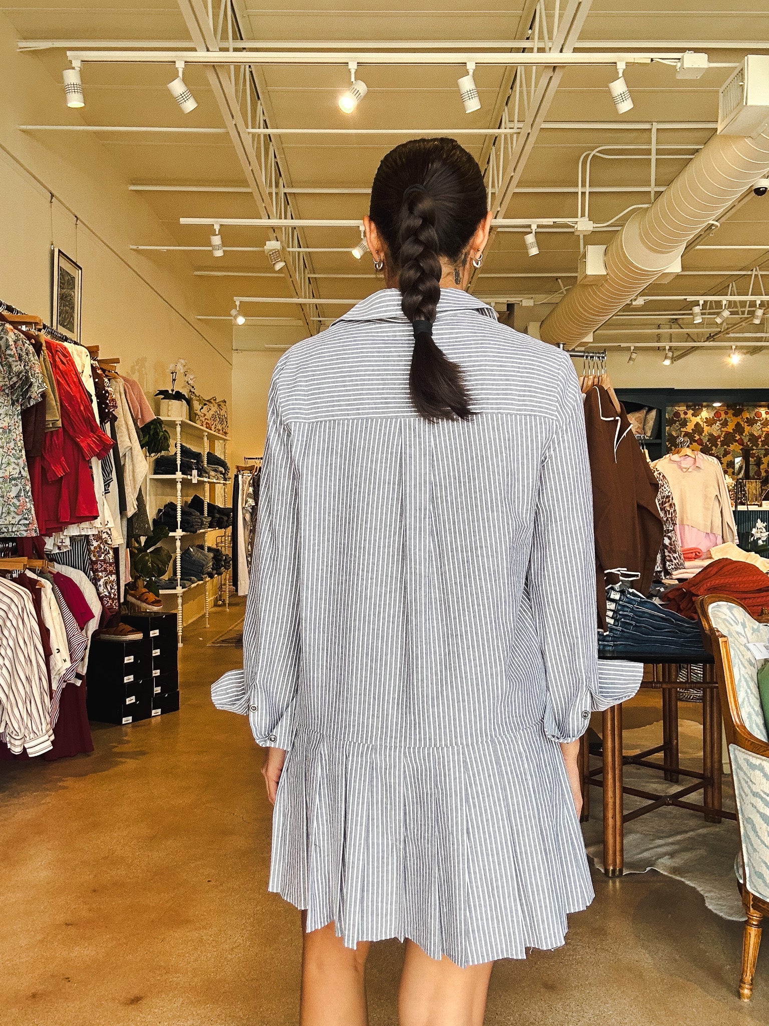 Grey Stripe Pleat Shirtdress - Elle Maxine