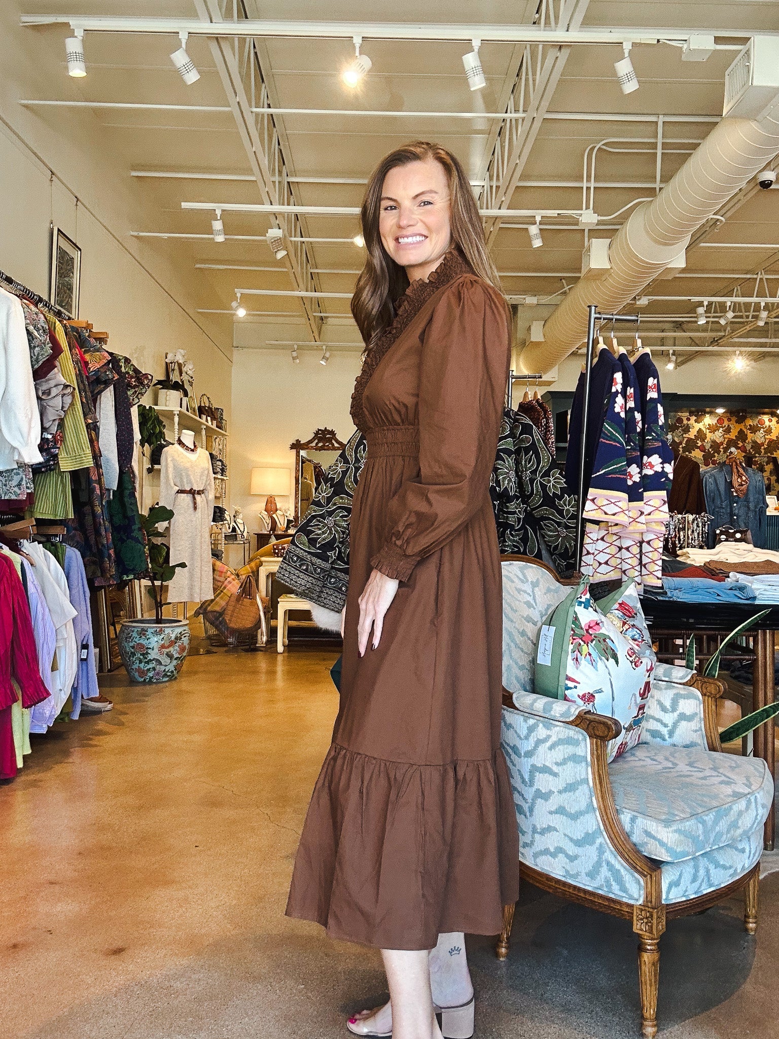 Hannah Smocked Midi Dress - Brown - Elle Maxine